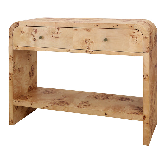 Veyra Burl Wood Console Table 2 Drawers w/ Shelf