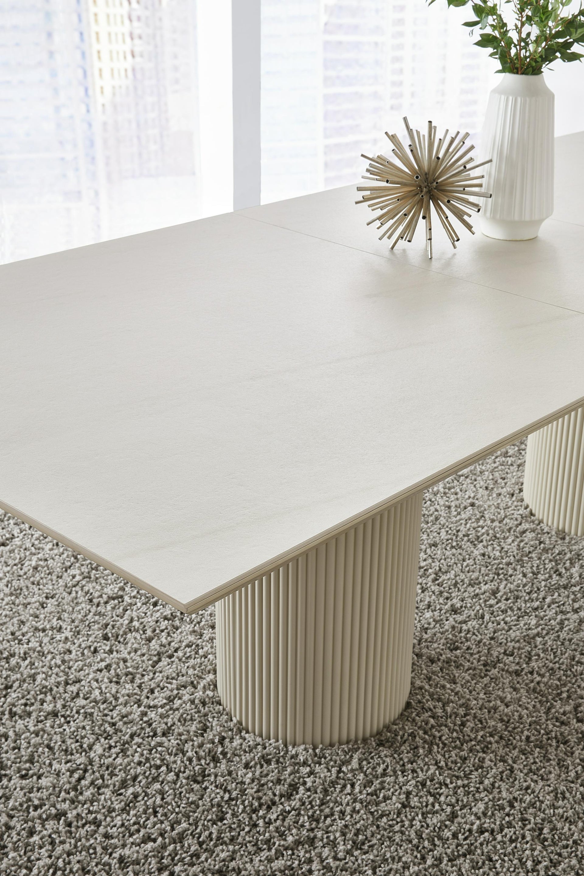 Cannon Stone Top Double Pedestal Extension Dining Table with Ivory Wood Base - What A Room