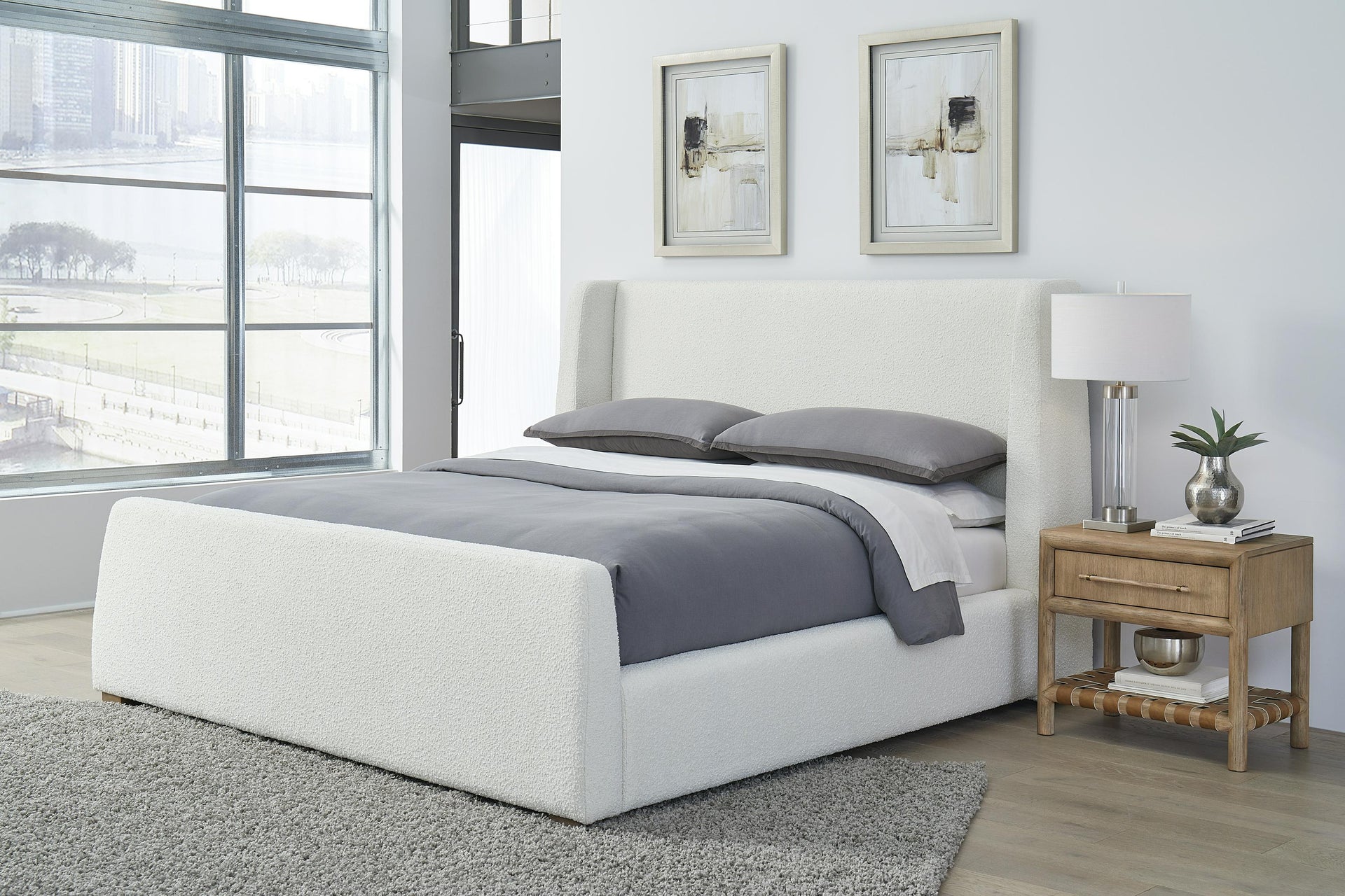 Presley Upholstered Wingback Platform Bed in Cottage Cheese Boucle - What A Room