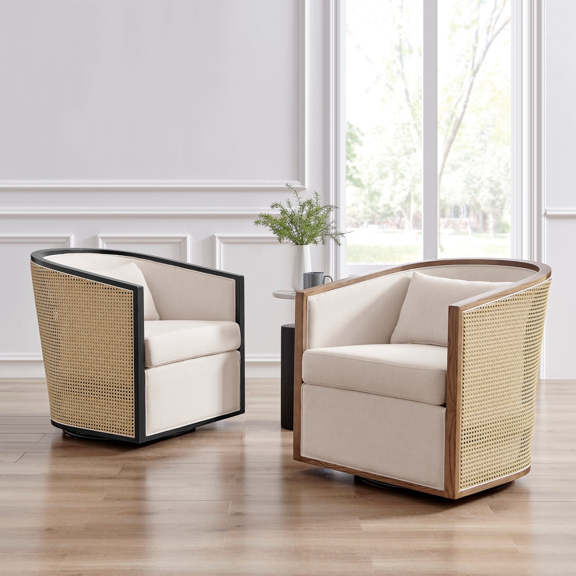 Marilyn Fabric Swivel Accent Arm Chair w/ Rattan Black Frame - What A Room