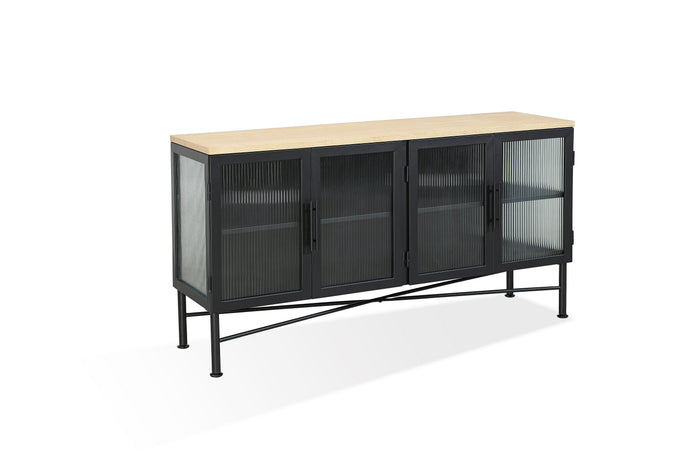 Aere Four Door Ribbed Glass, Metal and Wood Sideboard in Natural Ash and Black - What A Room