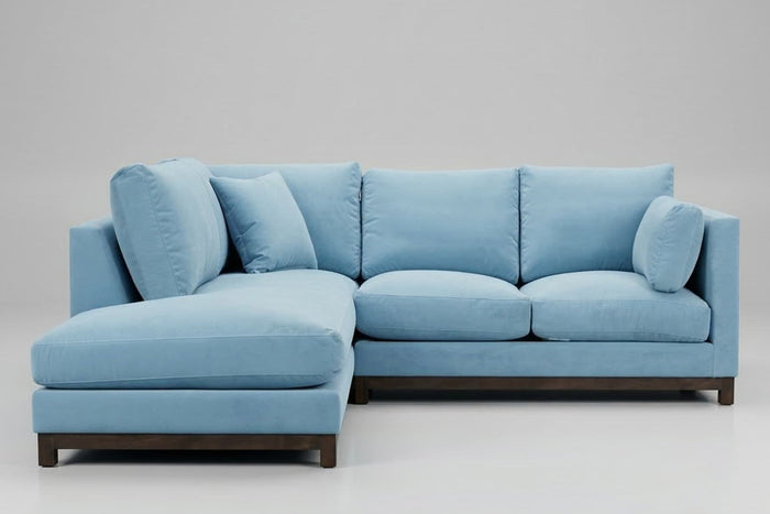 Clearance Florida L Bumper Sectional in Bella Skylight with down cushions from What a room
