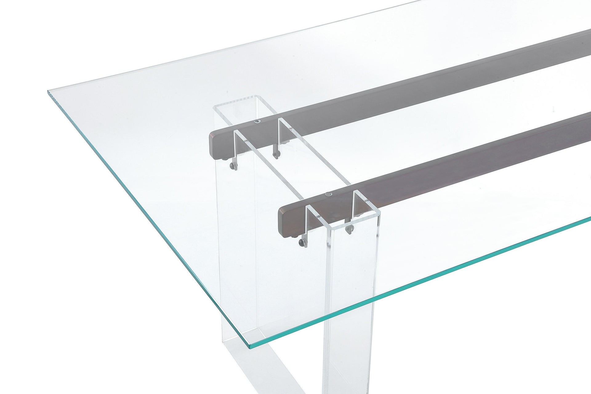 Moorea Double Pedestal Rectangular Dining Table in Clear Acrylic, Glass and Bronze Metal - What A Room