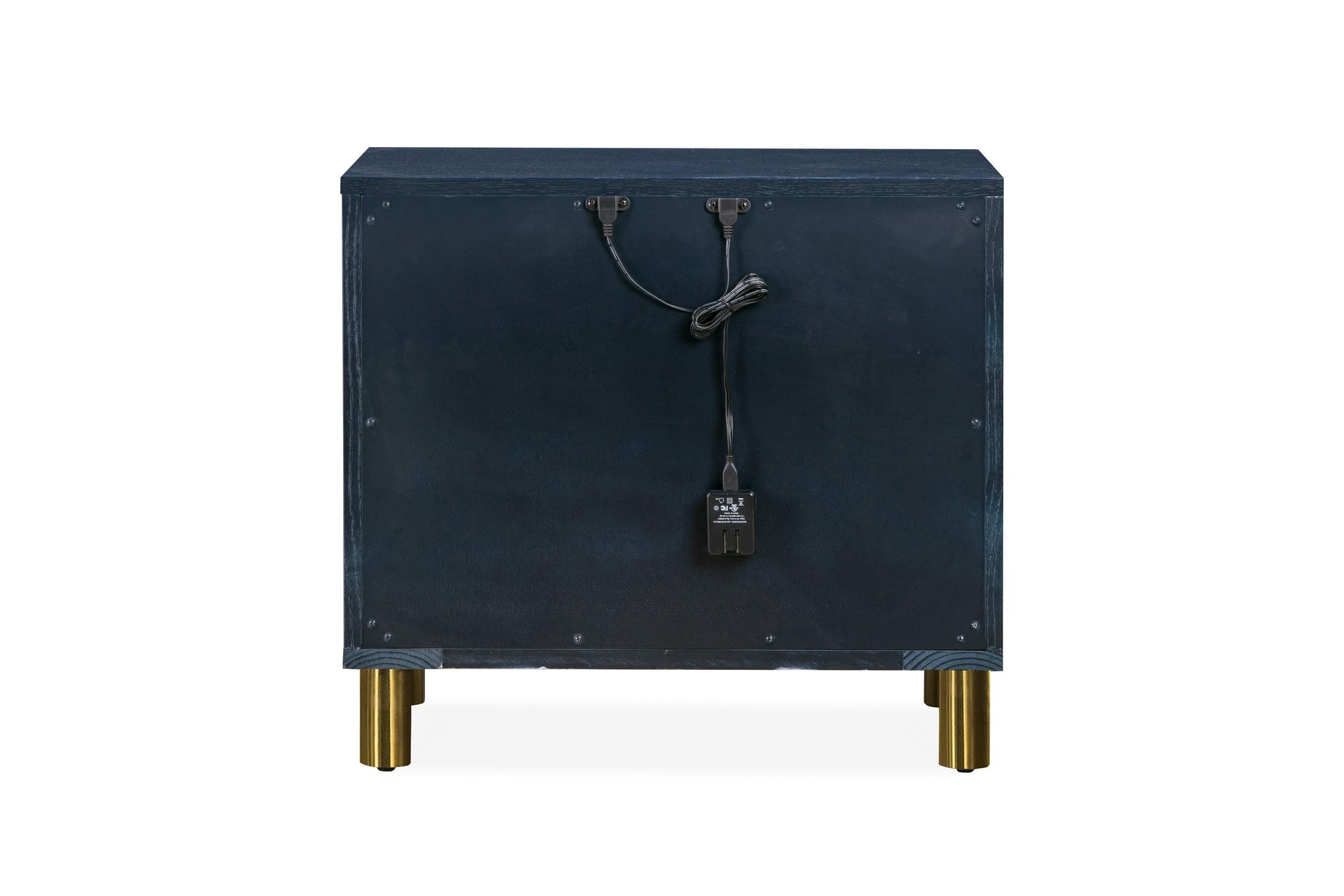 Argento Two Drawer USB Charging Nightstand in Navy Blue and Burnished Brass - What A Room