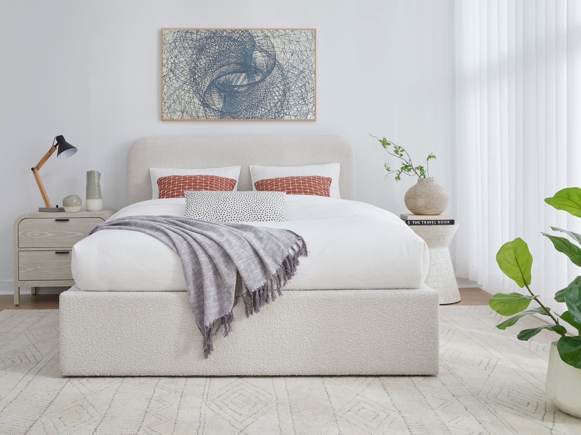 Off-White Upholstered Platform Bed in Ricotta Boucle - What A Room