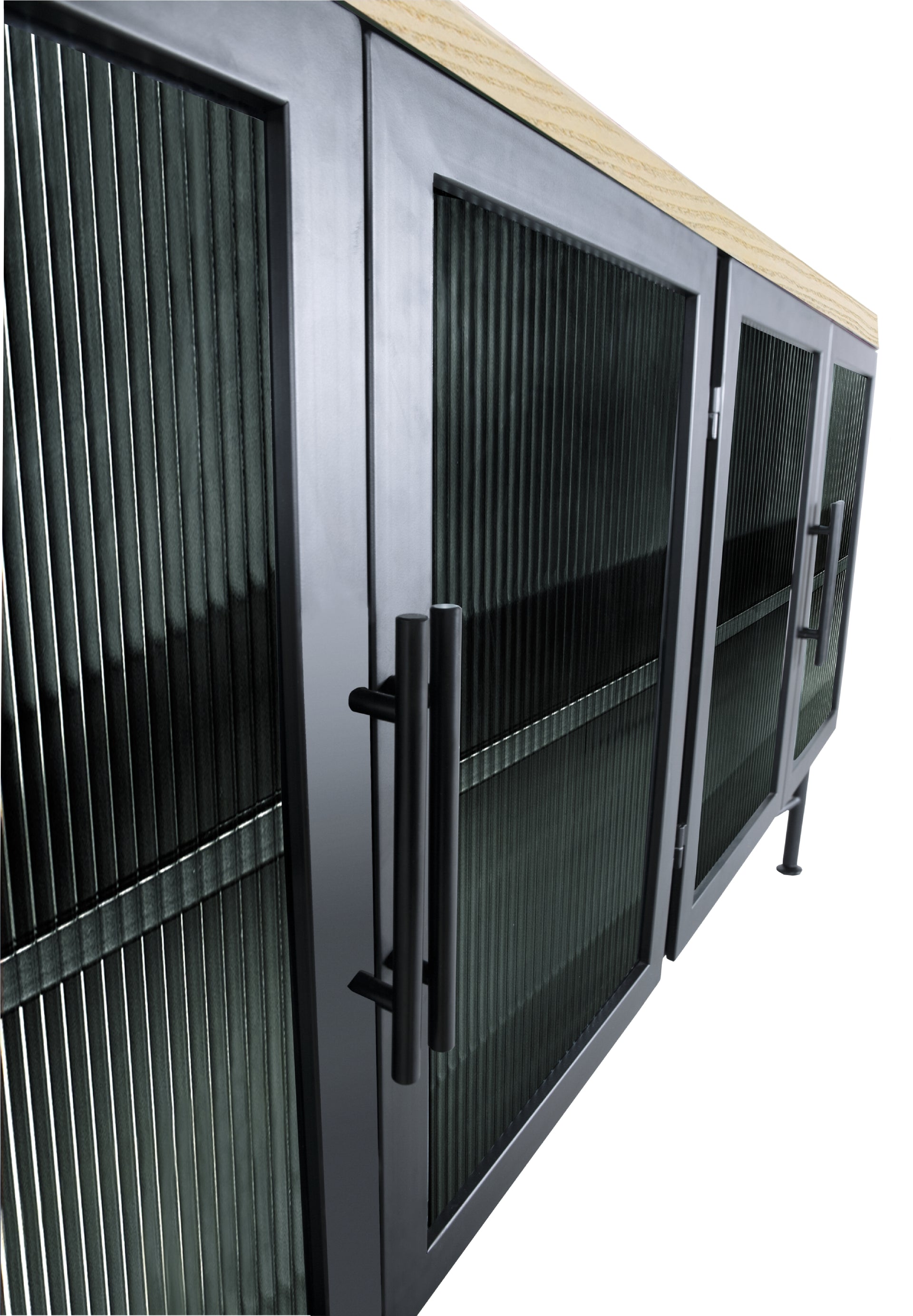 Aere Four Door Ribbed Glass, Metal and Wood Sideboard in Natural Ash and Black - What A Room