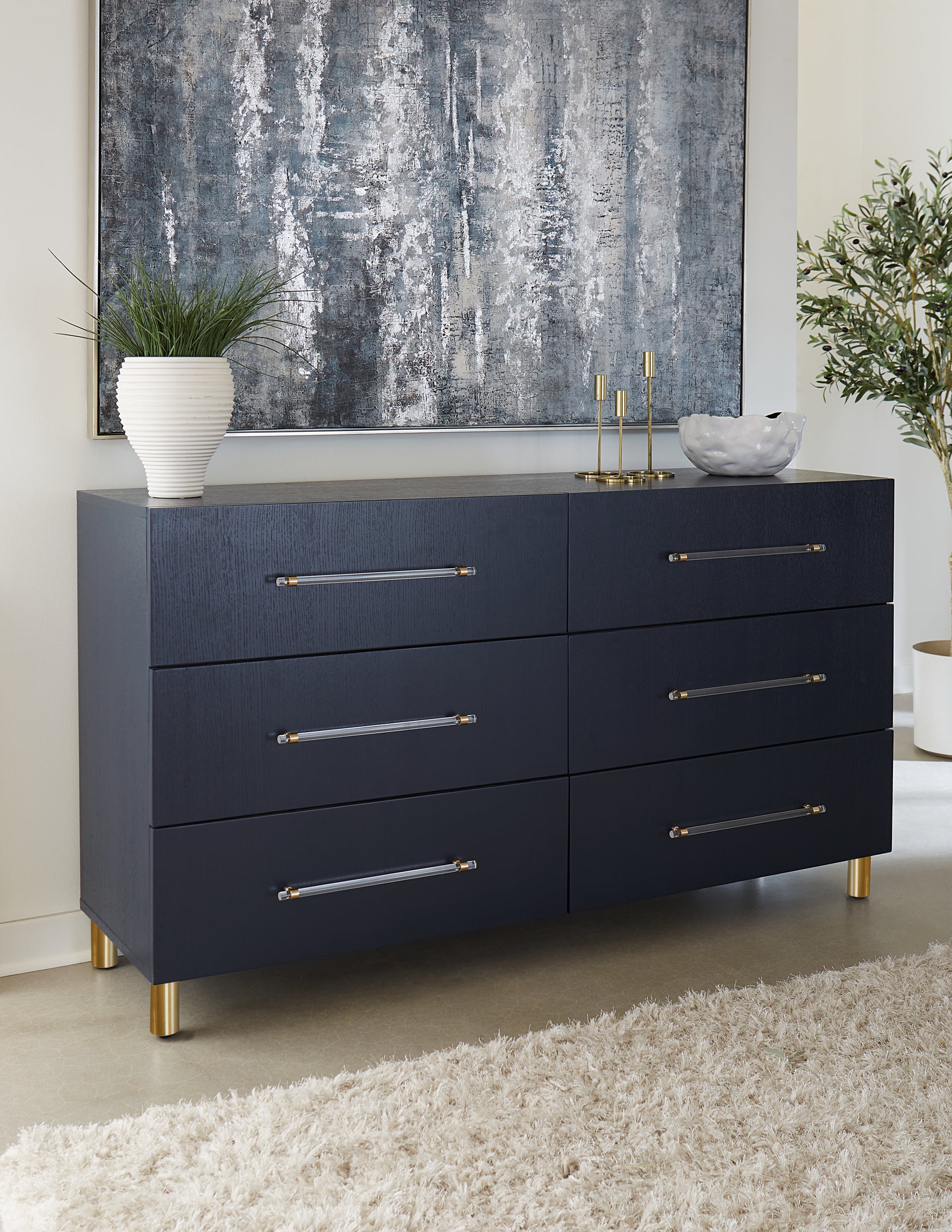 Argento Six Drawer Dresser in Navy Blue and Burnished Brass - What A Room