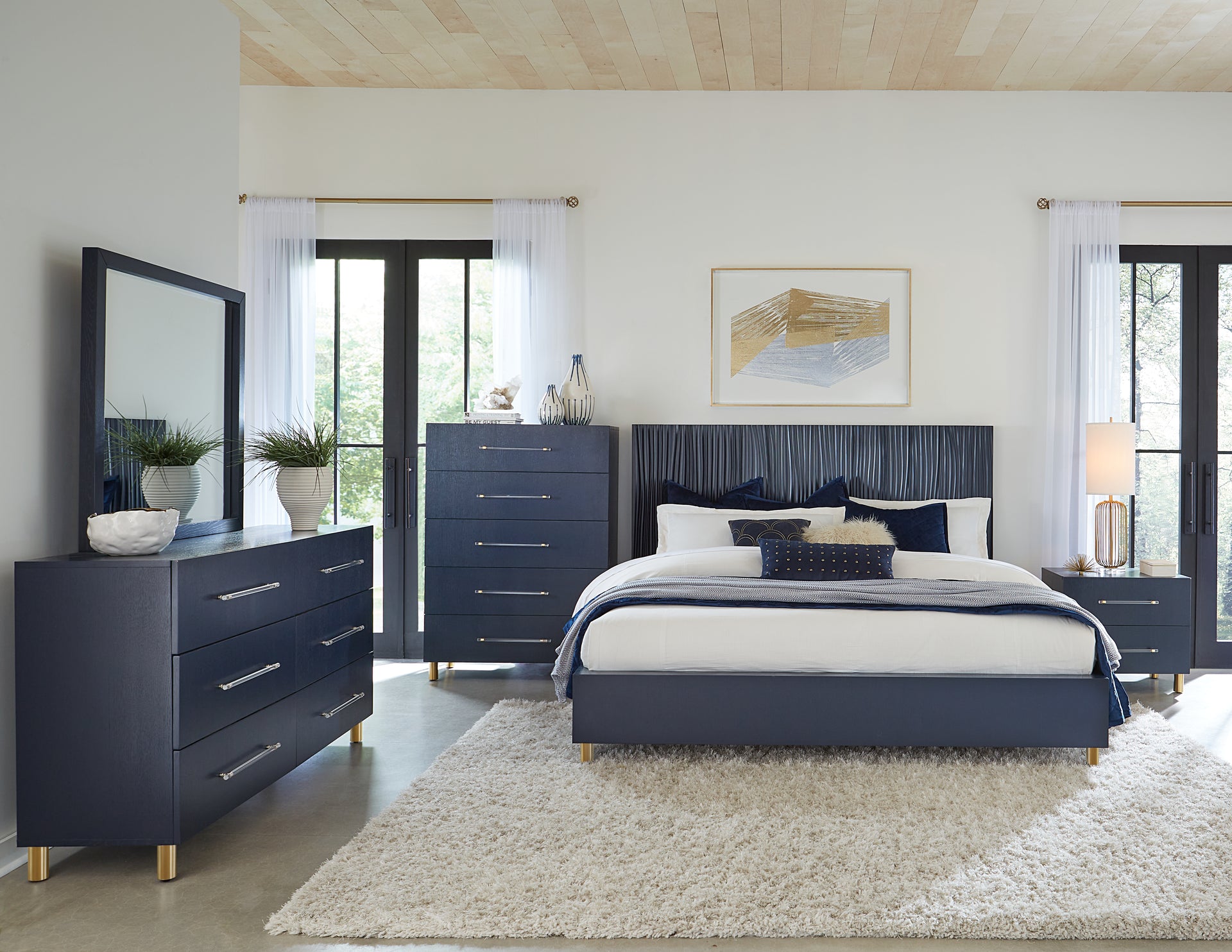 Argento Five Drawer Chest in Navy Blue and Burnished Brass - What A Room