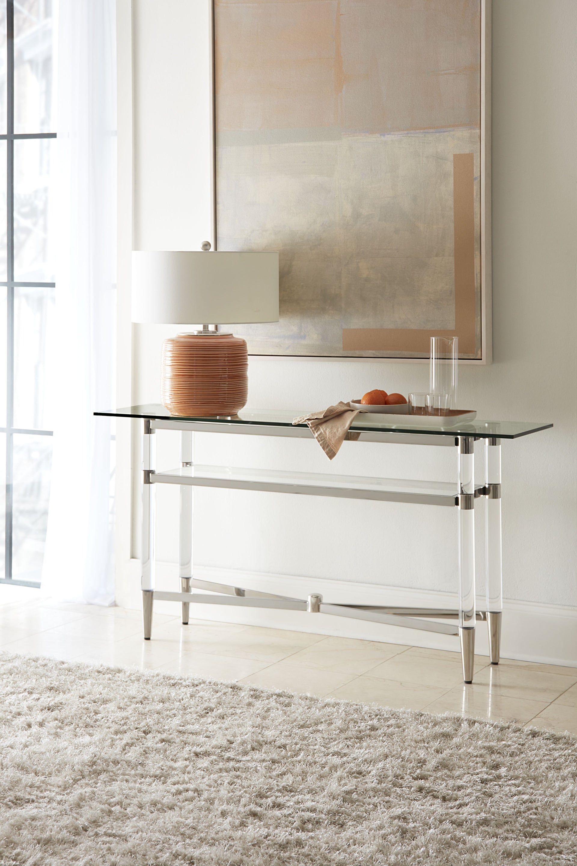 Marilyn Glass Top Dining Server in Polished Stainless Steel and Clear Acrylic - What A Room