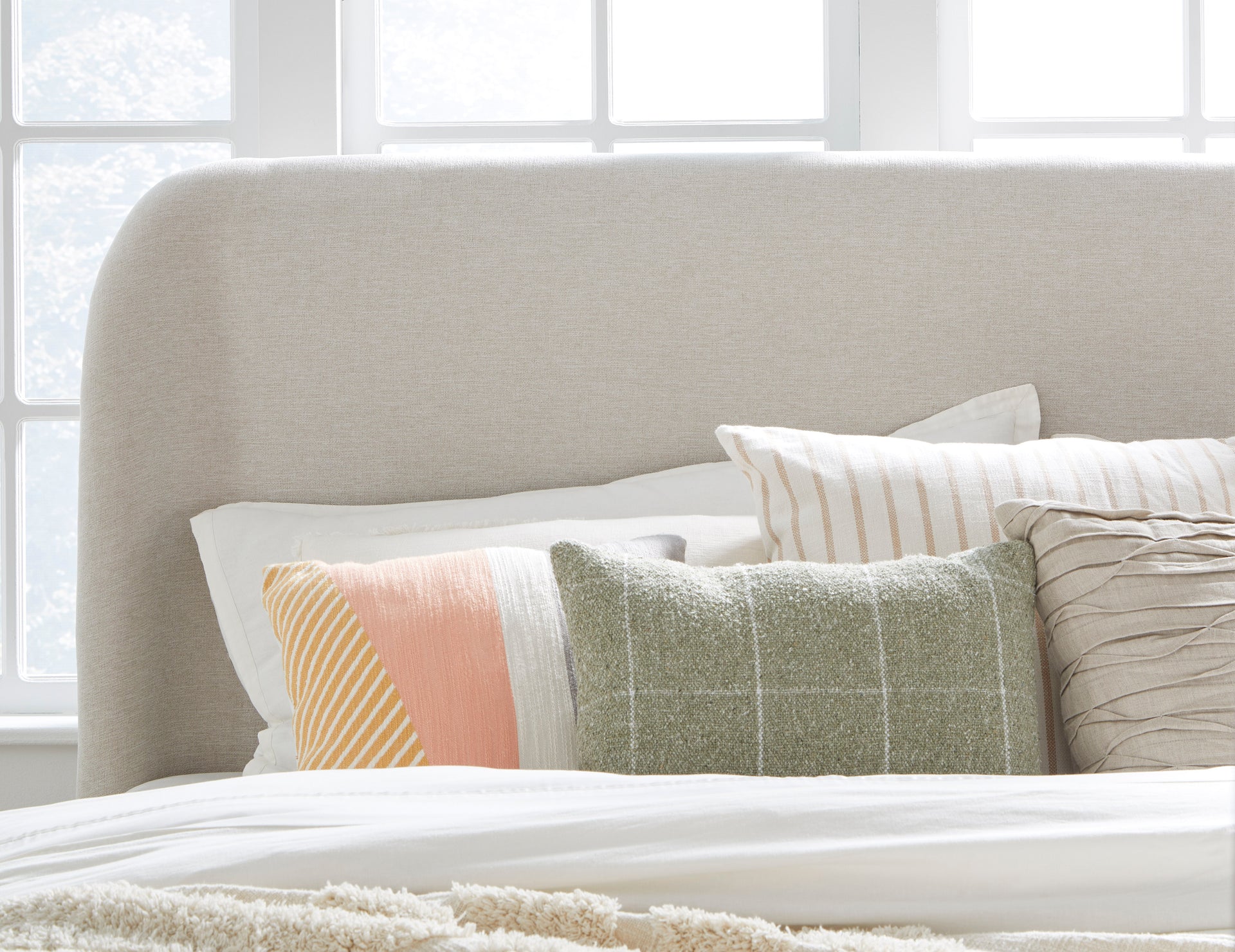 Penny Upholstered Platform Bed in Buff Cream Ash and Oatmeal Linen - What A Room