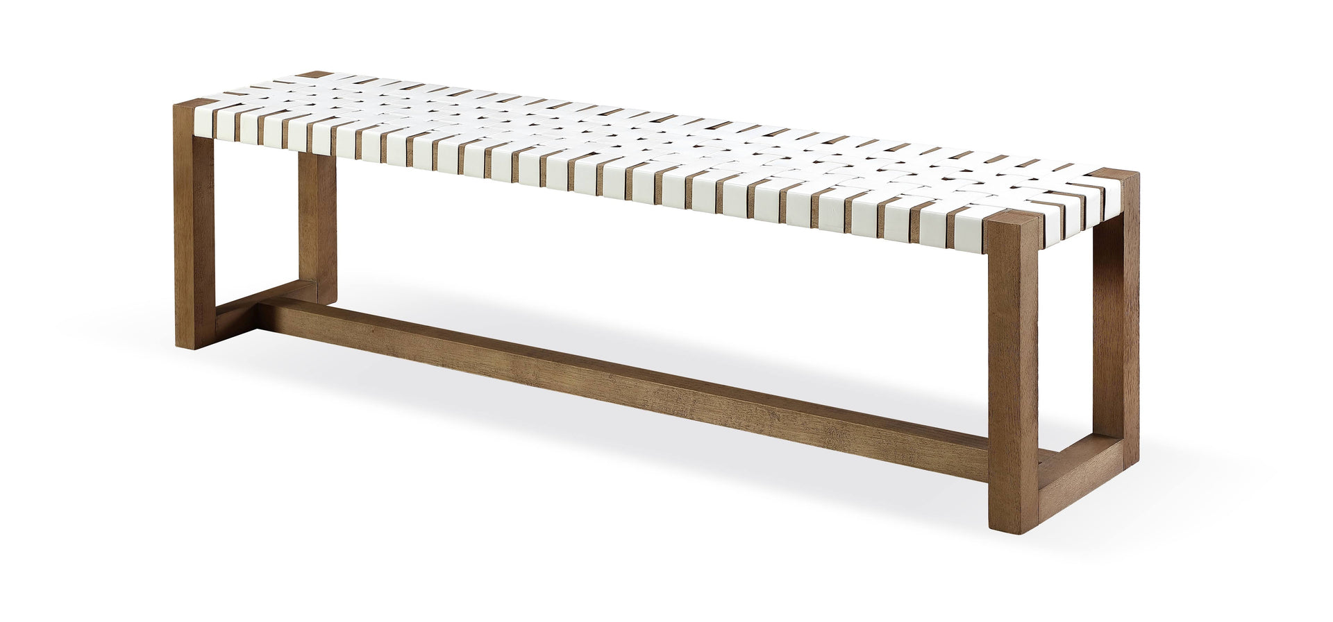 One Woven Leather and Solid Wood Dining Bench in White and Bisque - What A Room