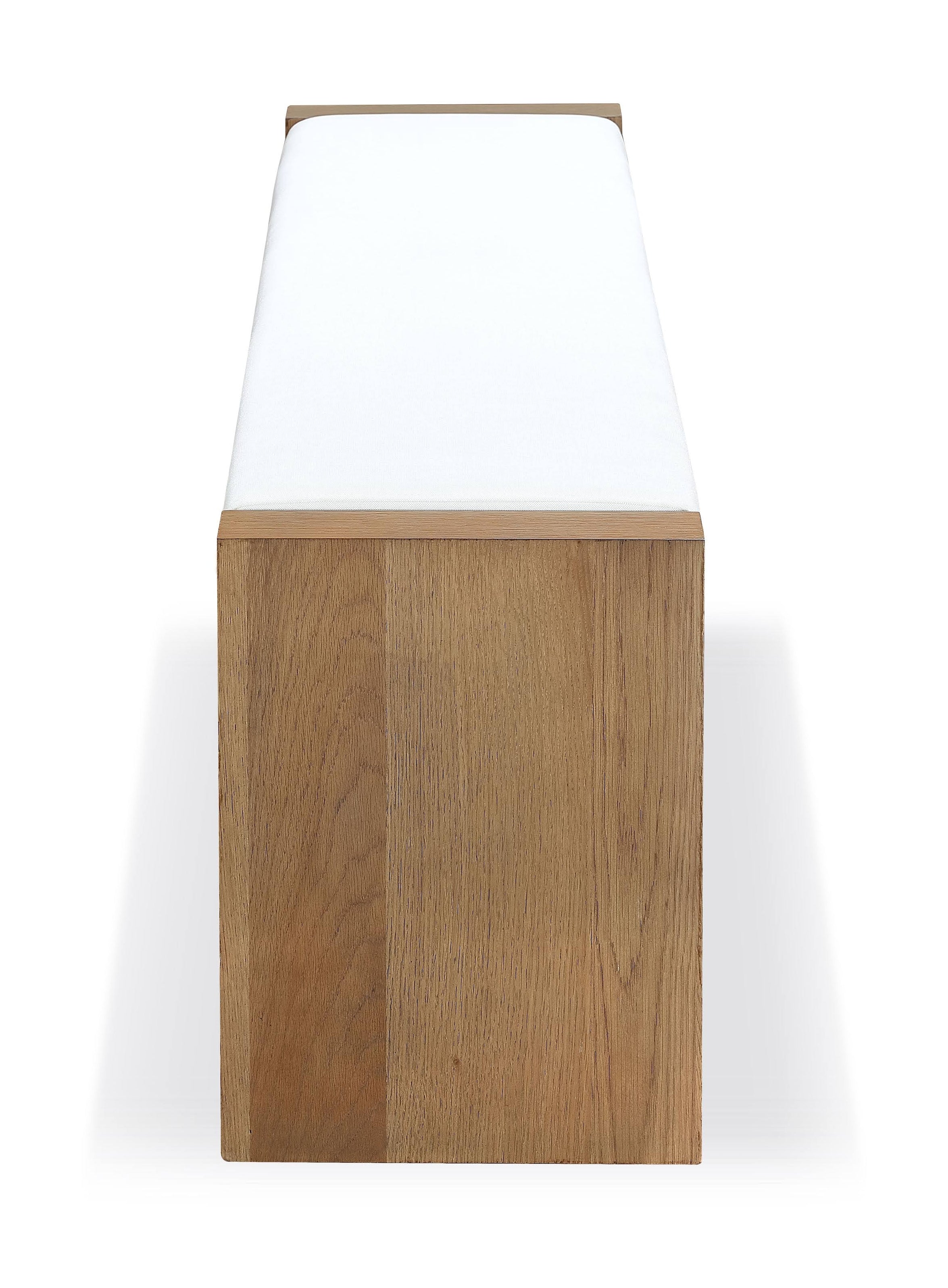 One Modern Coastal Slab Leg Upholstered Dining Bench in White Oak and White Pearl - What A Room
