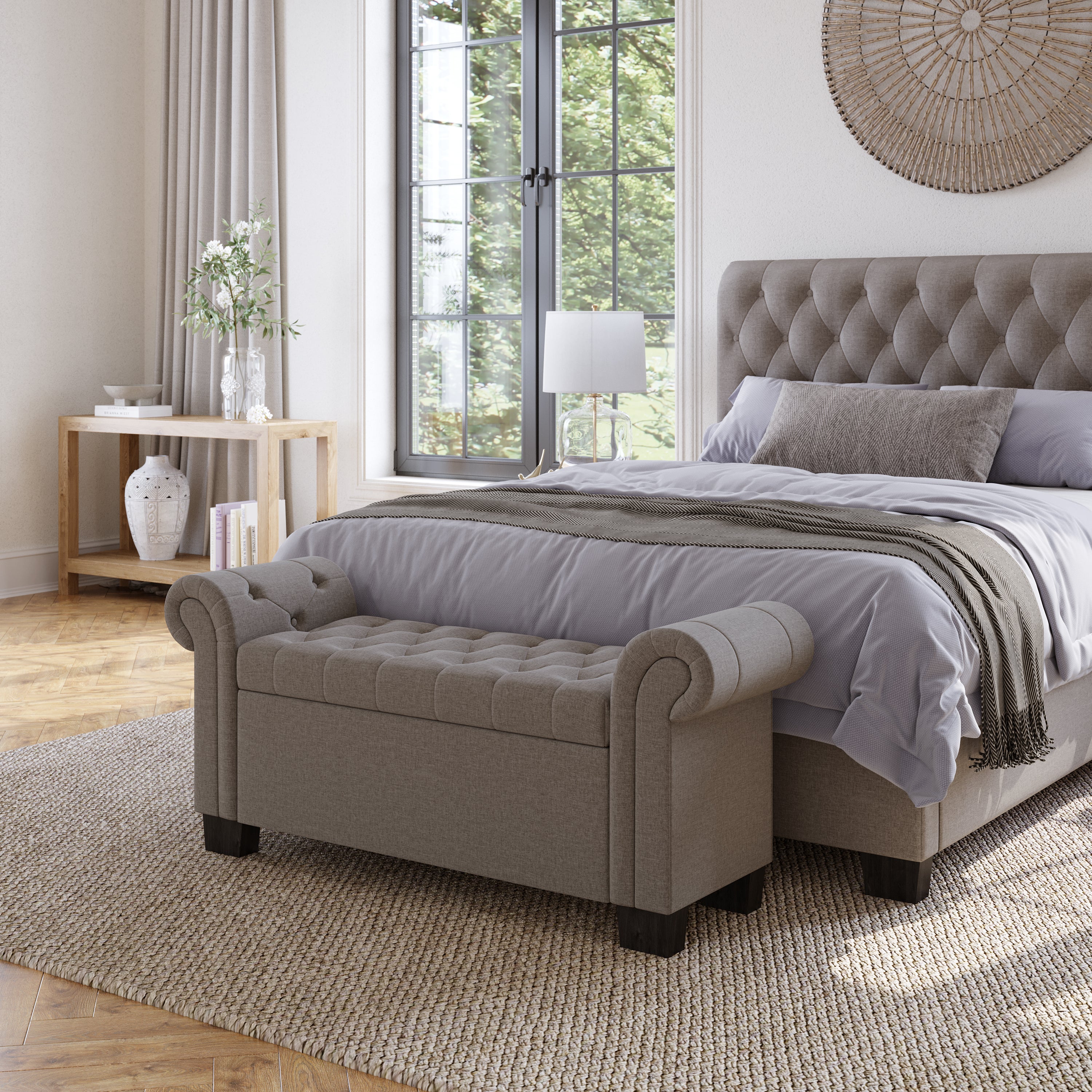 Royal Rolled Arm Storage Bench in Dolphin Linen - What A Room