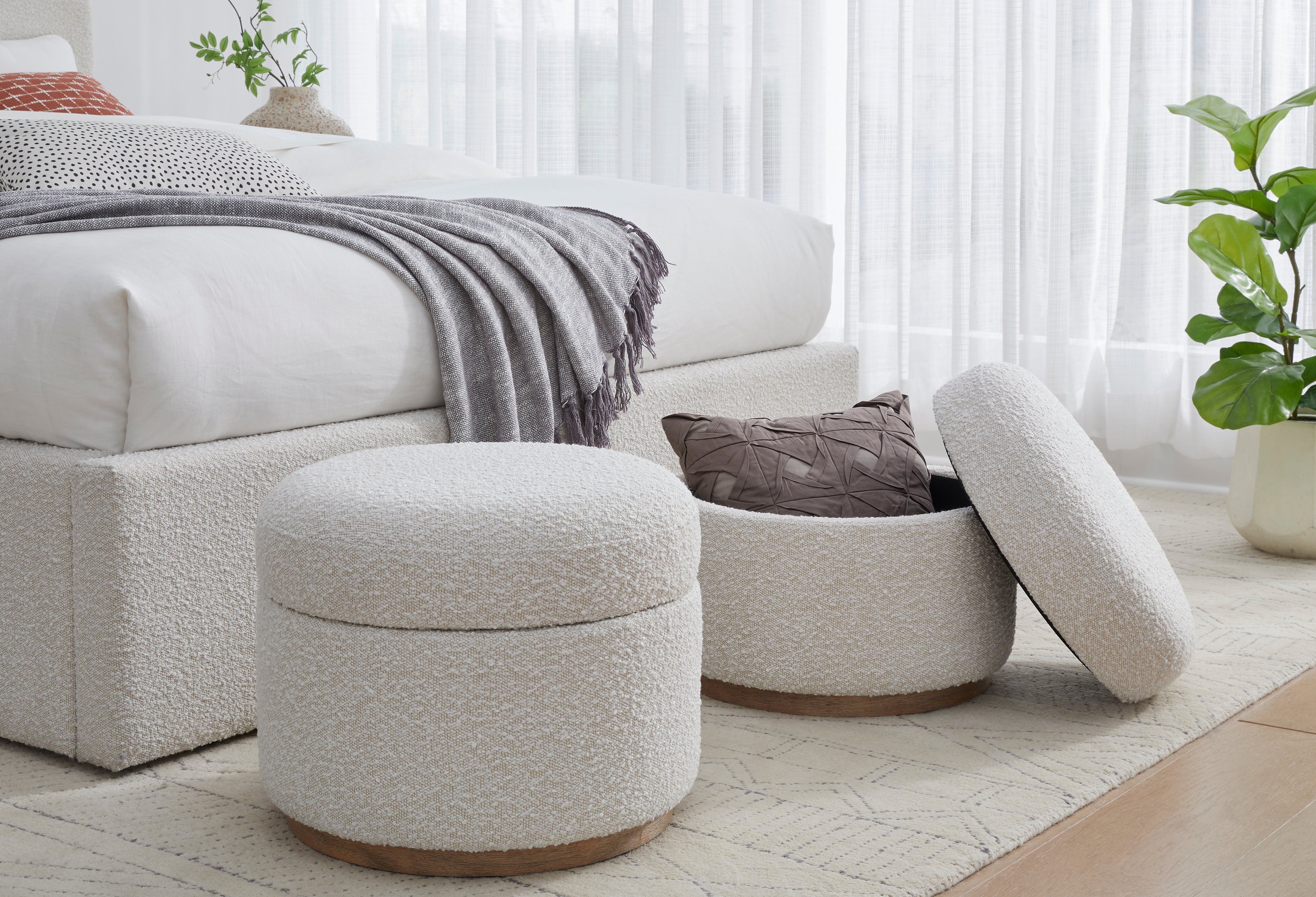 Off-White Upholstered Storage Ottoman in Ricotta Boucle - What A Room