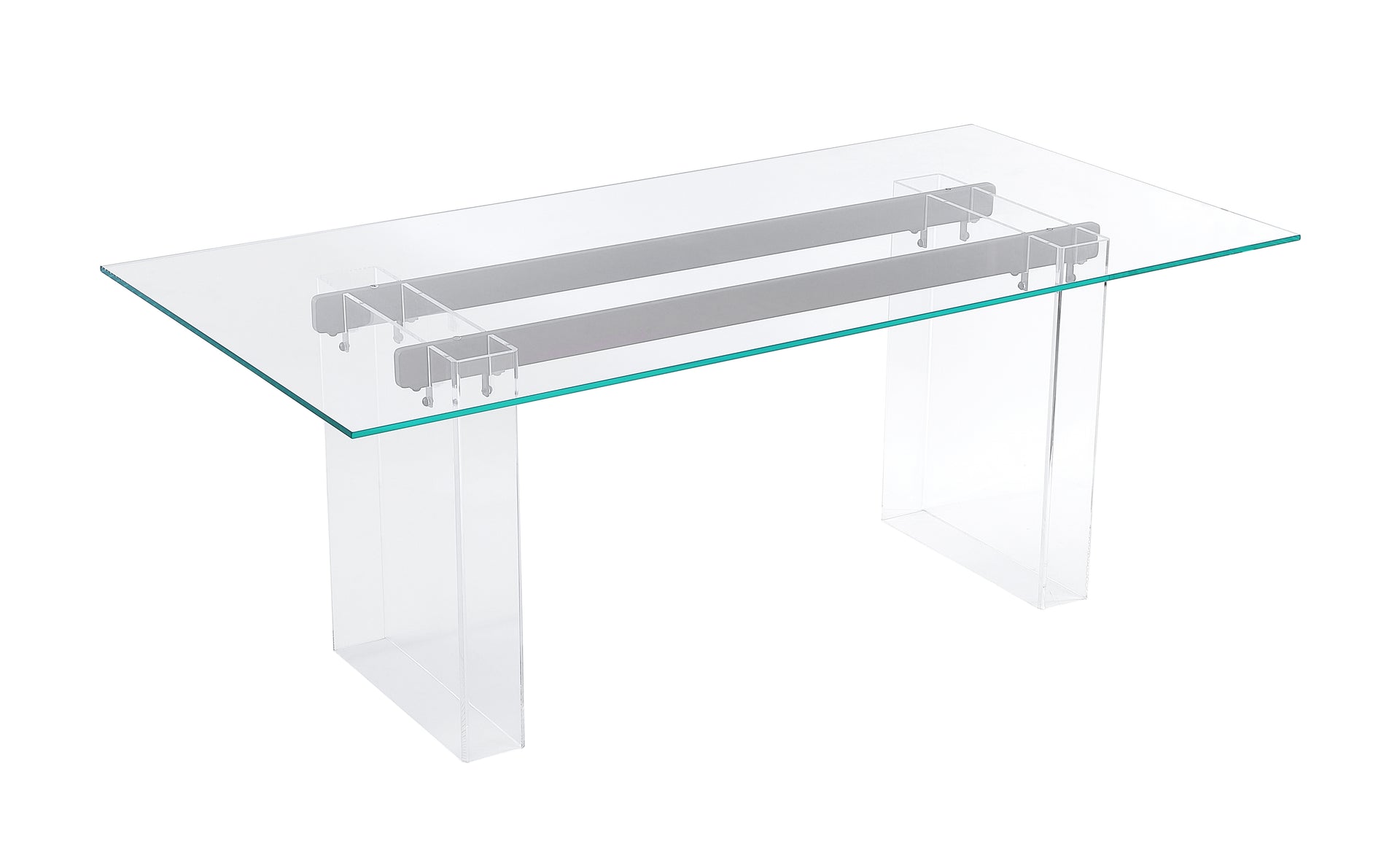 Moorea Double Pedestal Rectangular Dining Table in Clear Acrylic, Glass and Bronze Metal - What A Room