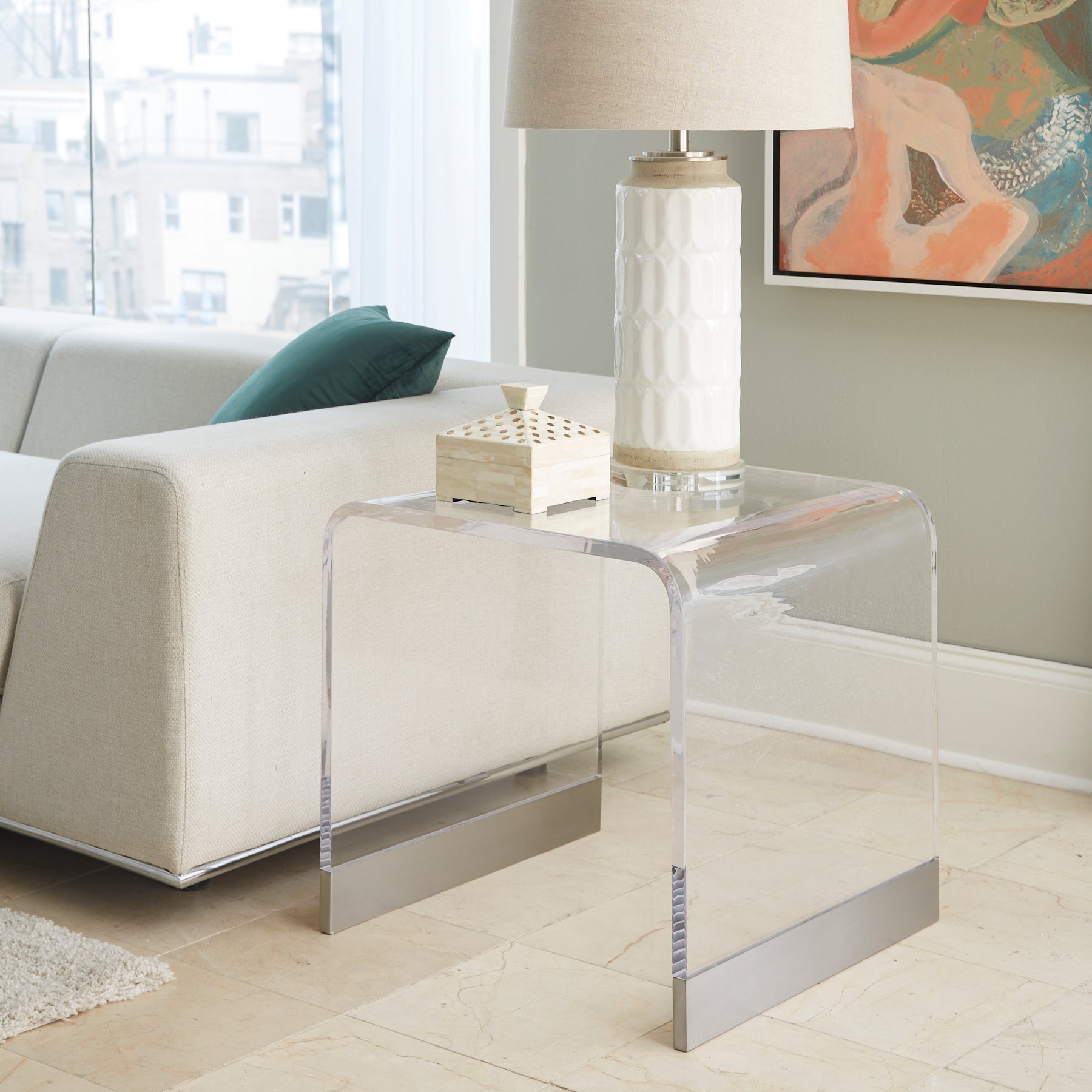 Bowie End Table in Clear Acrylic and Brushed Stainless Steel - What A Room