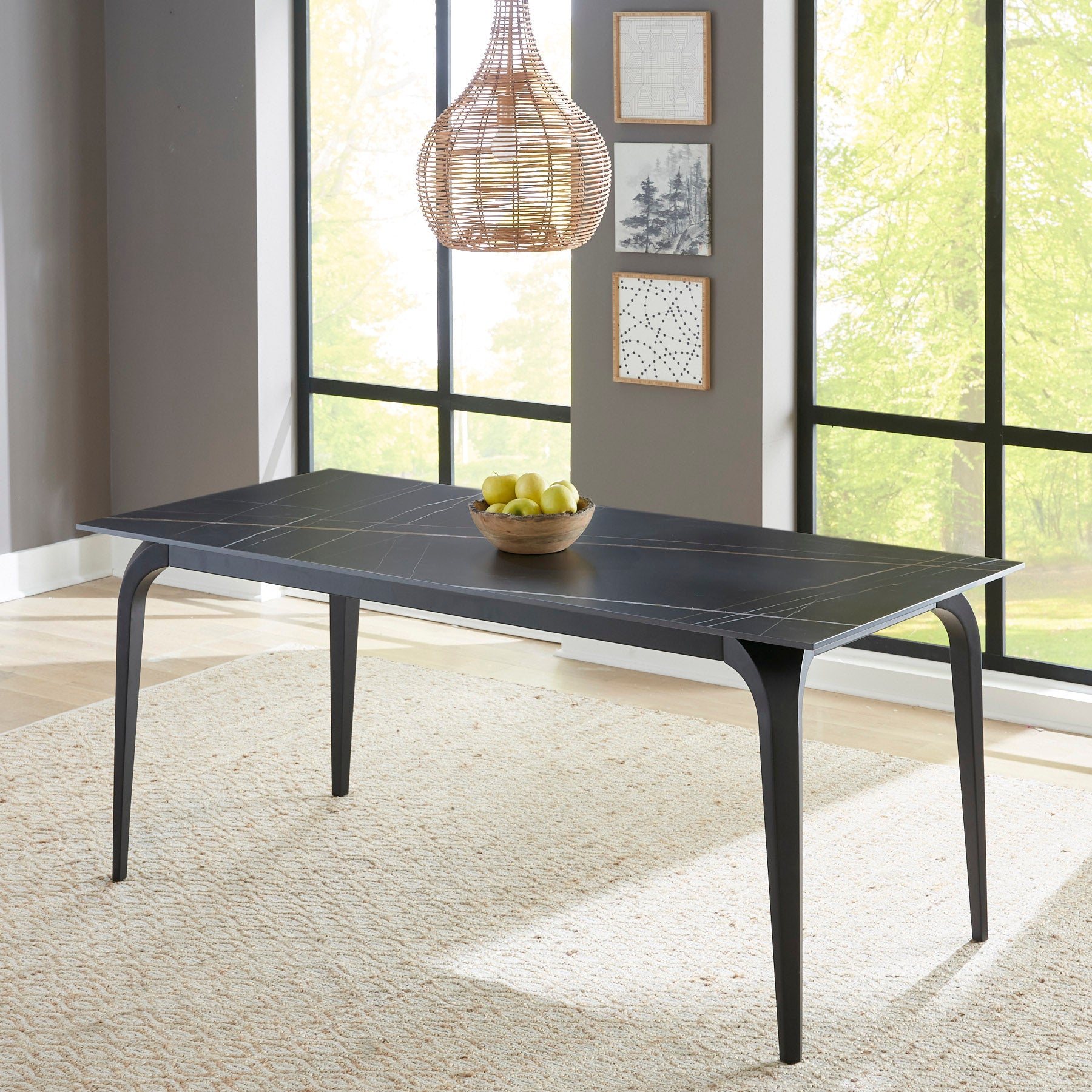 Nicoya Stone Top Rectangular Dining Table in Black Stone and Black Metal - What A Room