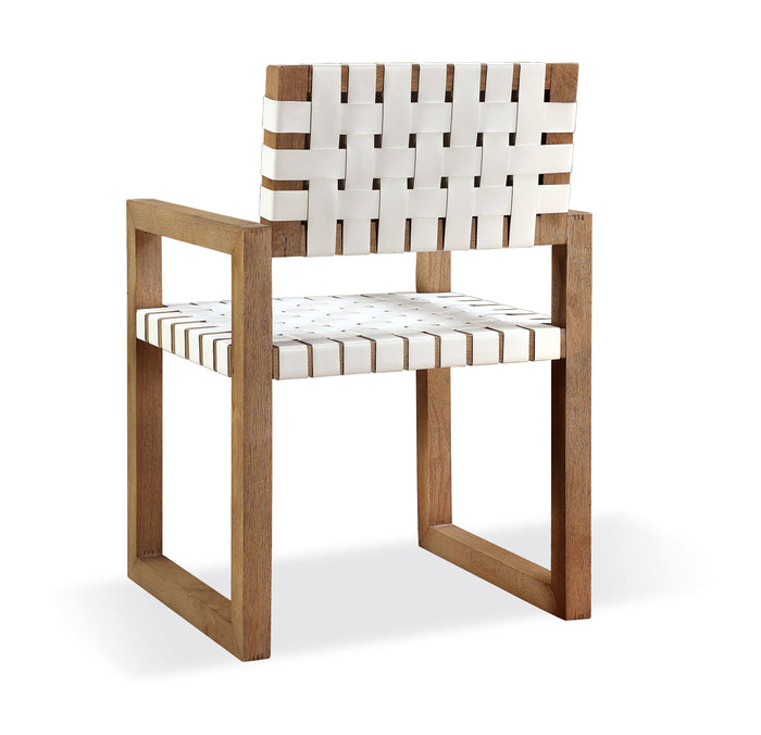 One Woven Leather and Solid Wood Dining Arm Chair in White and Bisque - What A Room