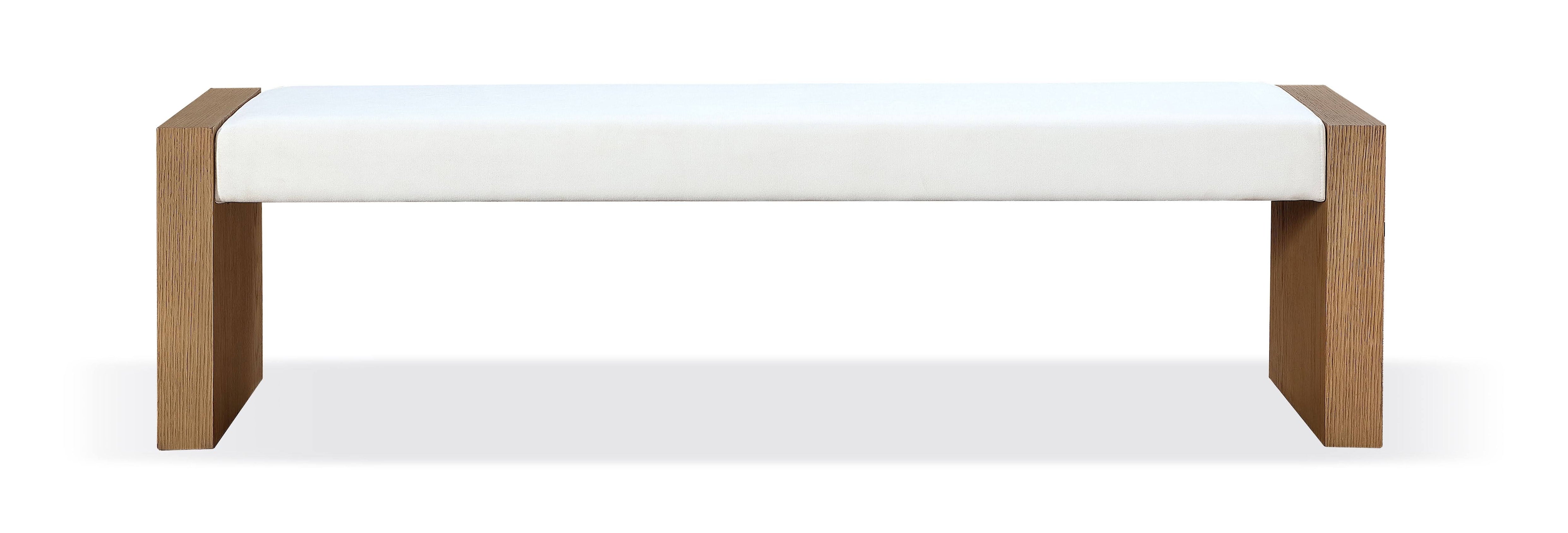 One Modern Coastal Slab Leg Upholstered Dining Bench in White Oak and White Pearl - What A Room