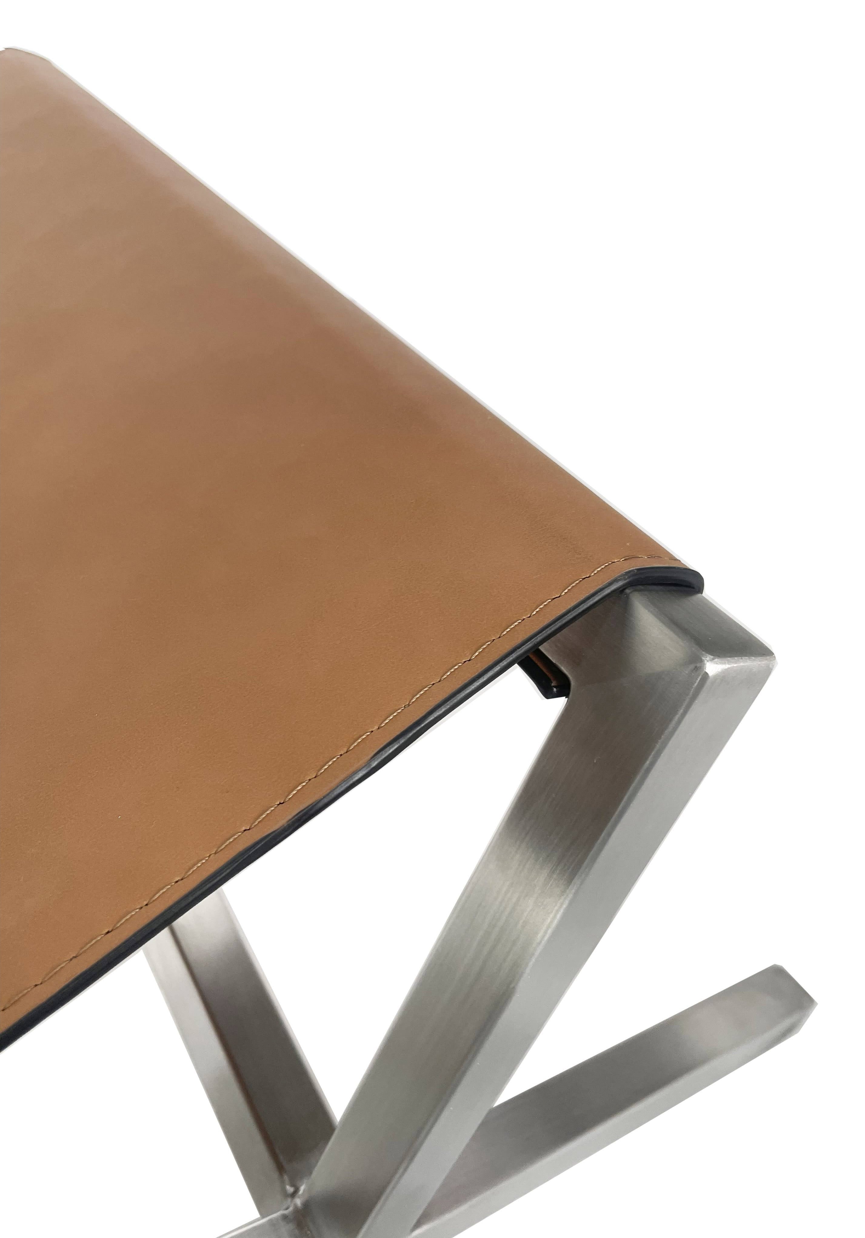 One Modern Coastal Director's Style Leather Dining Bench in Cognac and Brushed Stainless Steel - What A Room