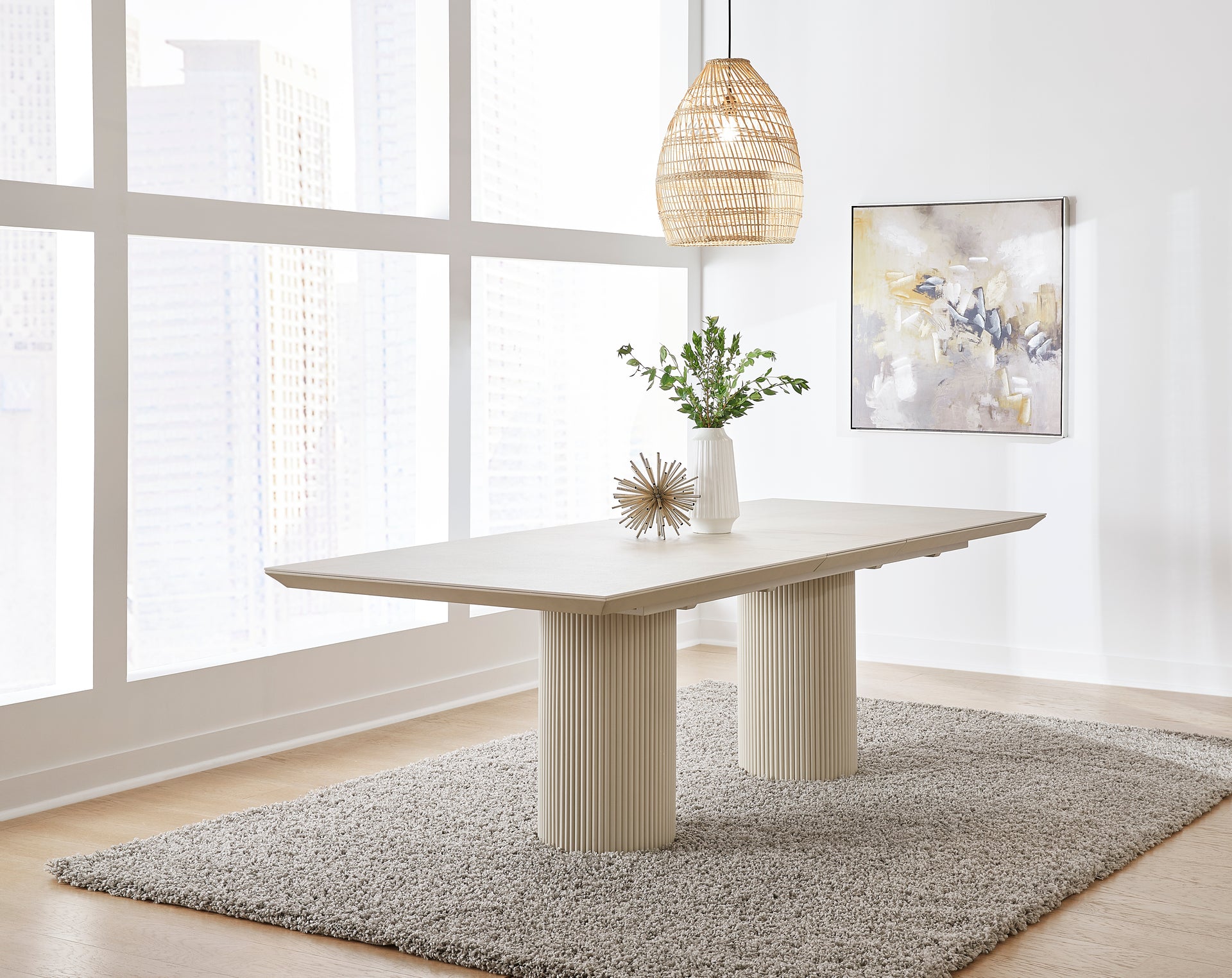Cannon Stone Top Double Pedestal Extension Dining Table with Ivory Wood Base - What A Room