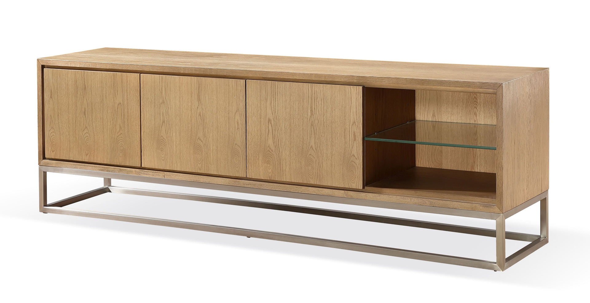 One Coastal Modern 84 inch TV Console in Brushed Stainless Steel and Bisque - What A Room