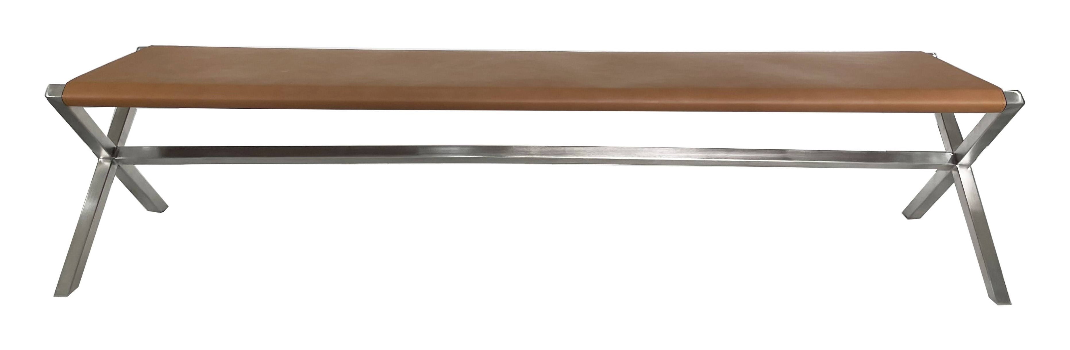 One Modern Coastal Director's Style Leather Dining Bench in Cognac and Brushed Stainless Steel - What A Room