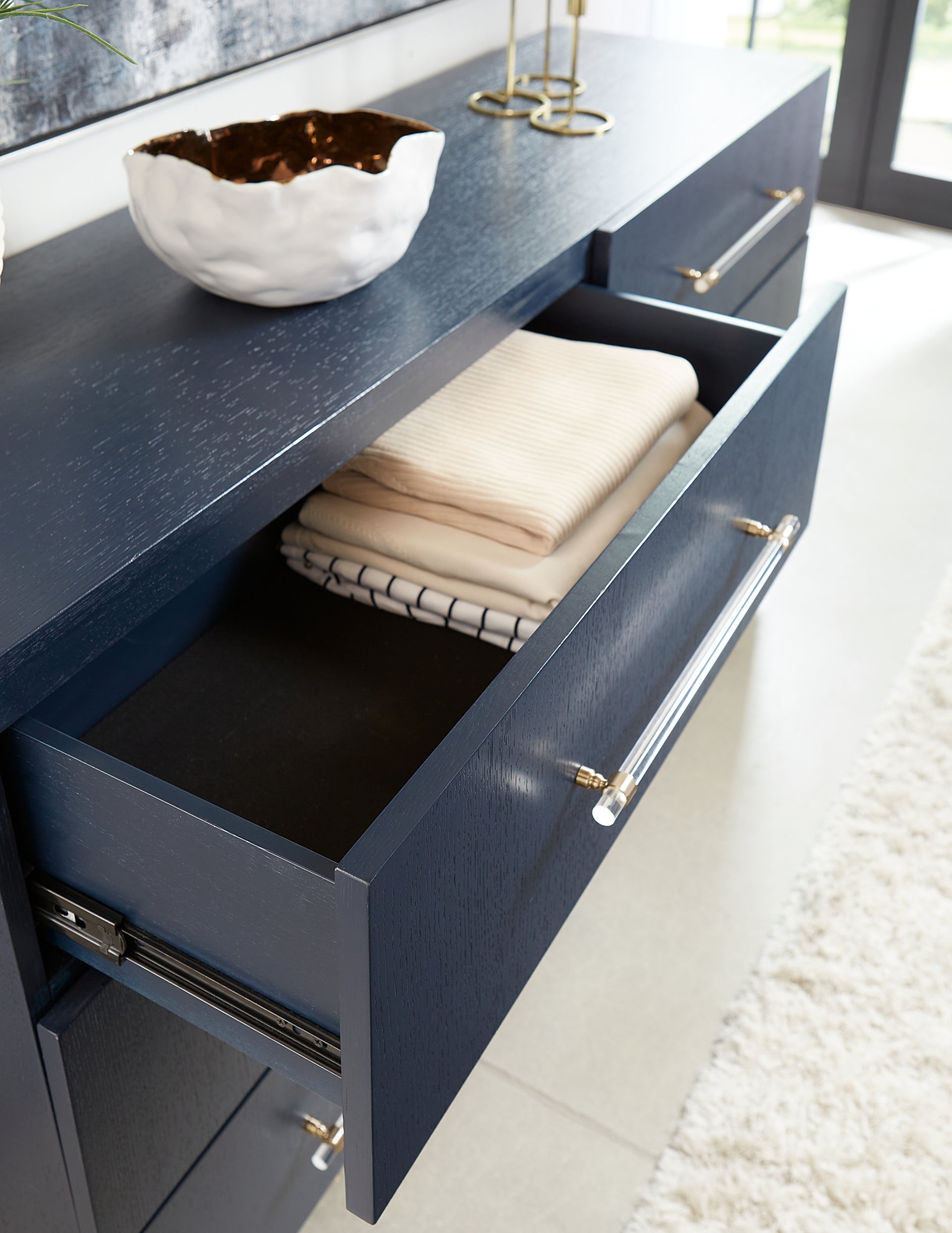 Argento Six Drawer Dresser in Navy Blue and Burnished Brass - What A Room