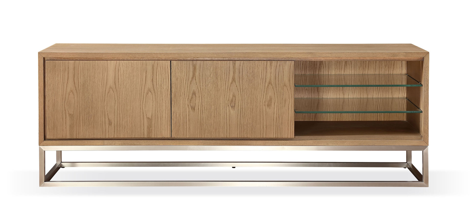 One Coastal Modern 74 inch TV Console in Brushed Stainless Steel and Bisque - What A Room
