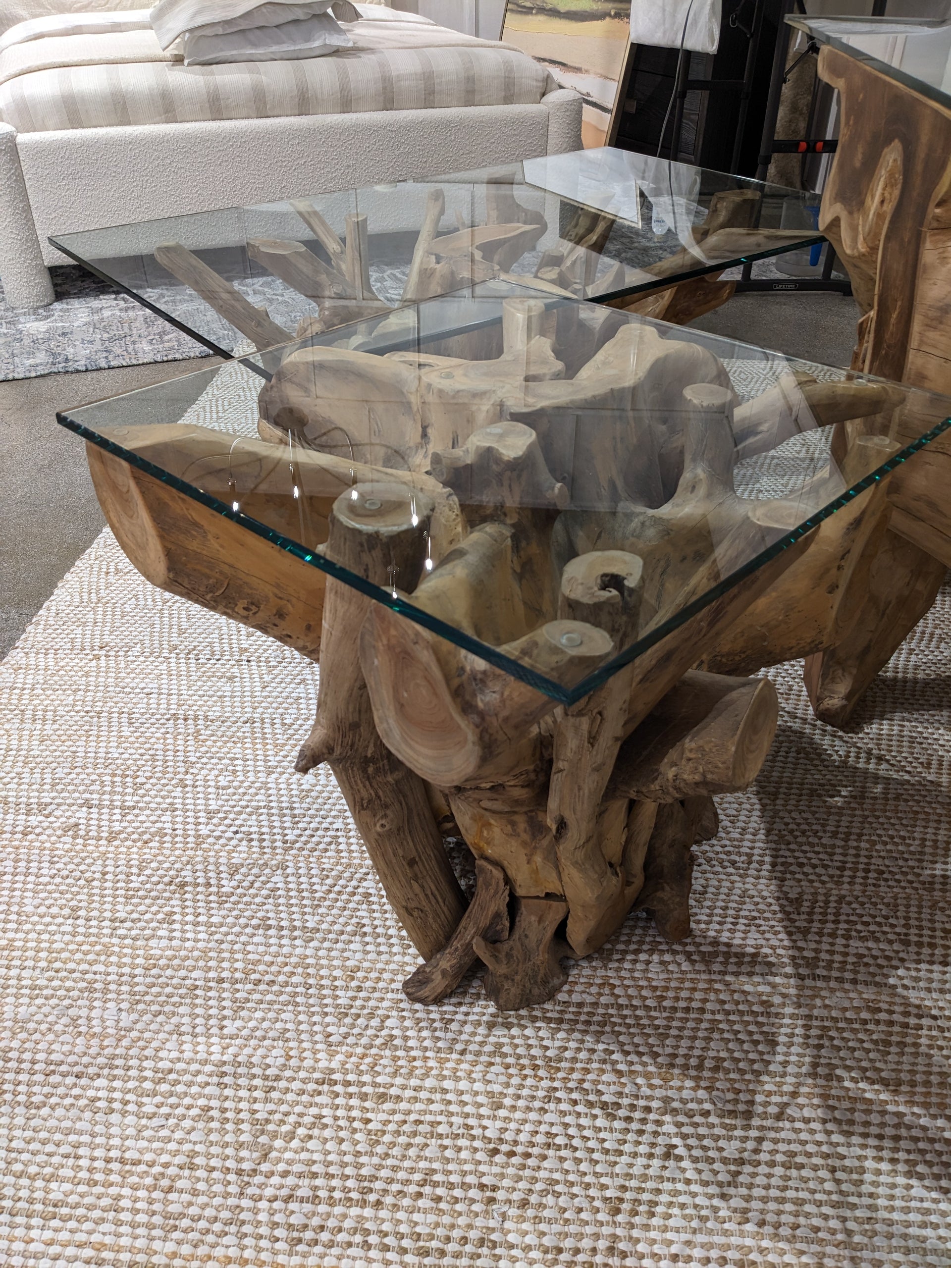 One Solid Teak Root Glass Top End Table - What A Room