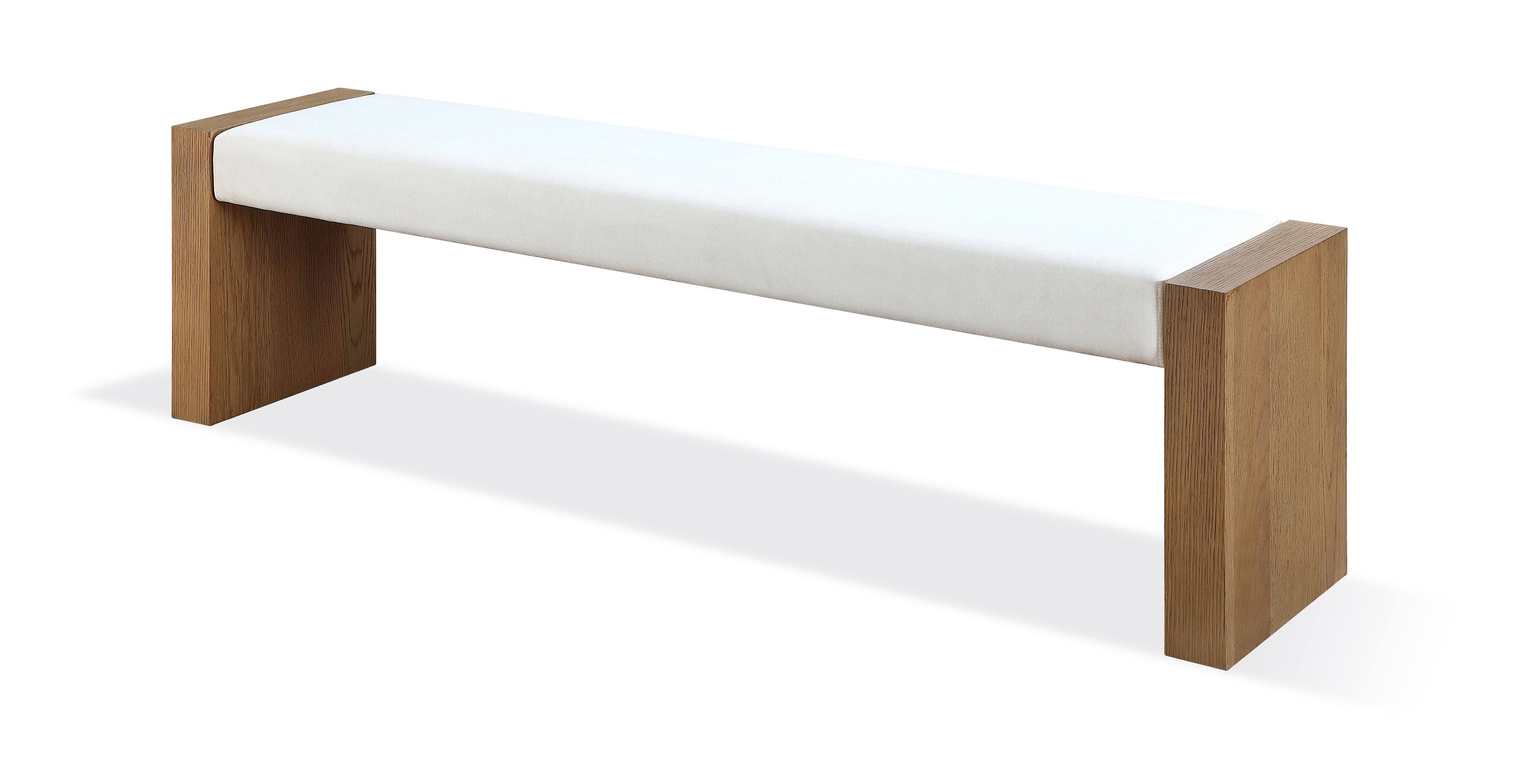 One Modern Coastal Slab Leg Upholstered Dining Bench in White Oak and White Pearl - What A Room