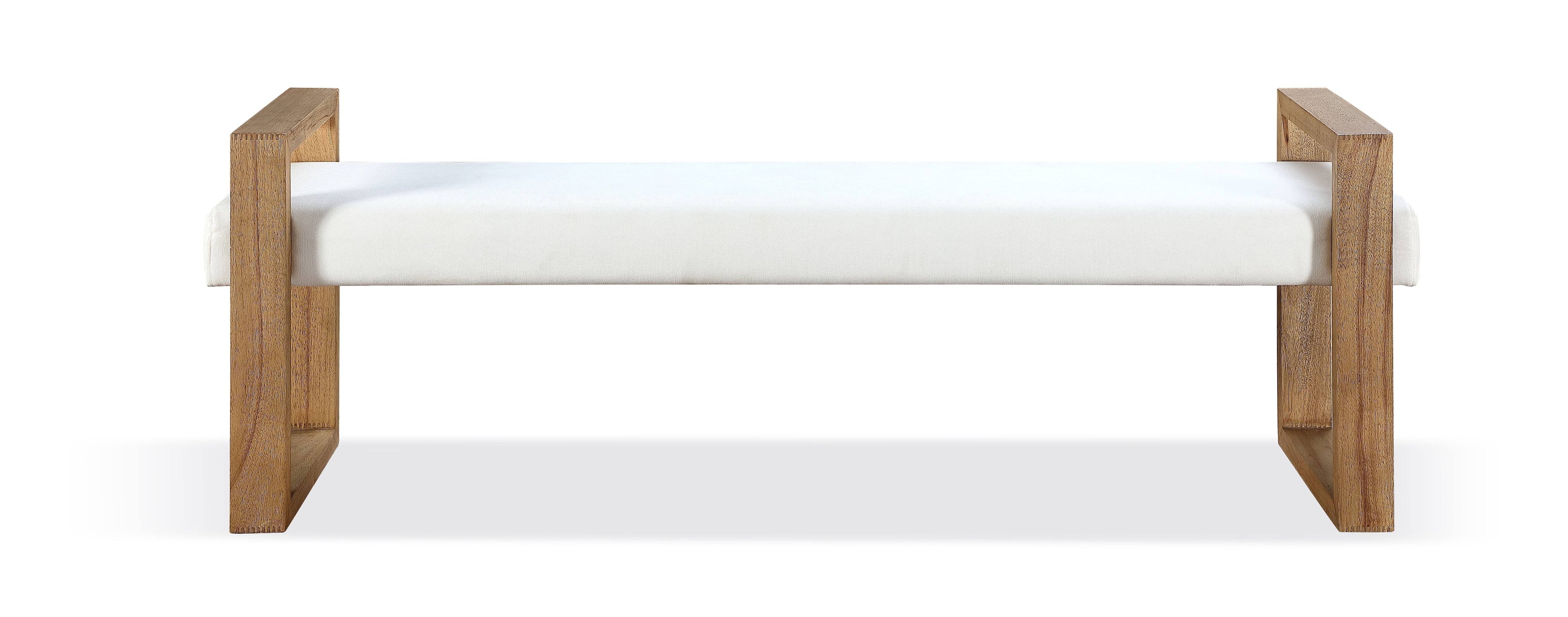 One Modern Coastal Sled Leg Upholstered Dining Bench in White Pearl and Bisque - What A Room