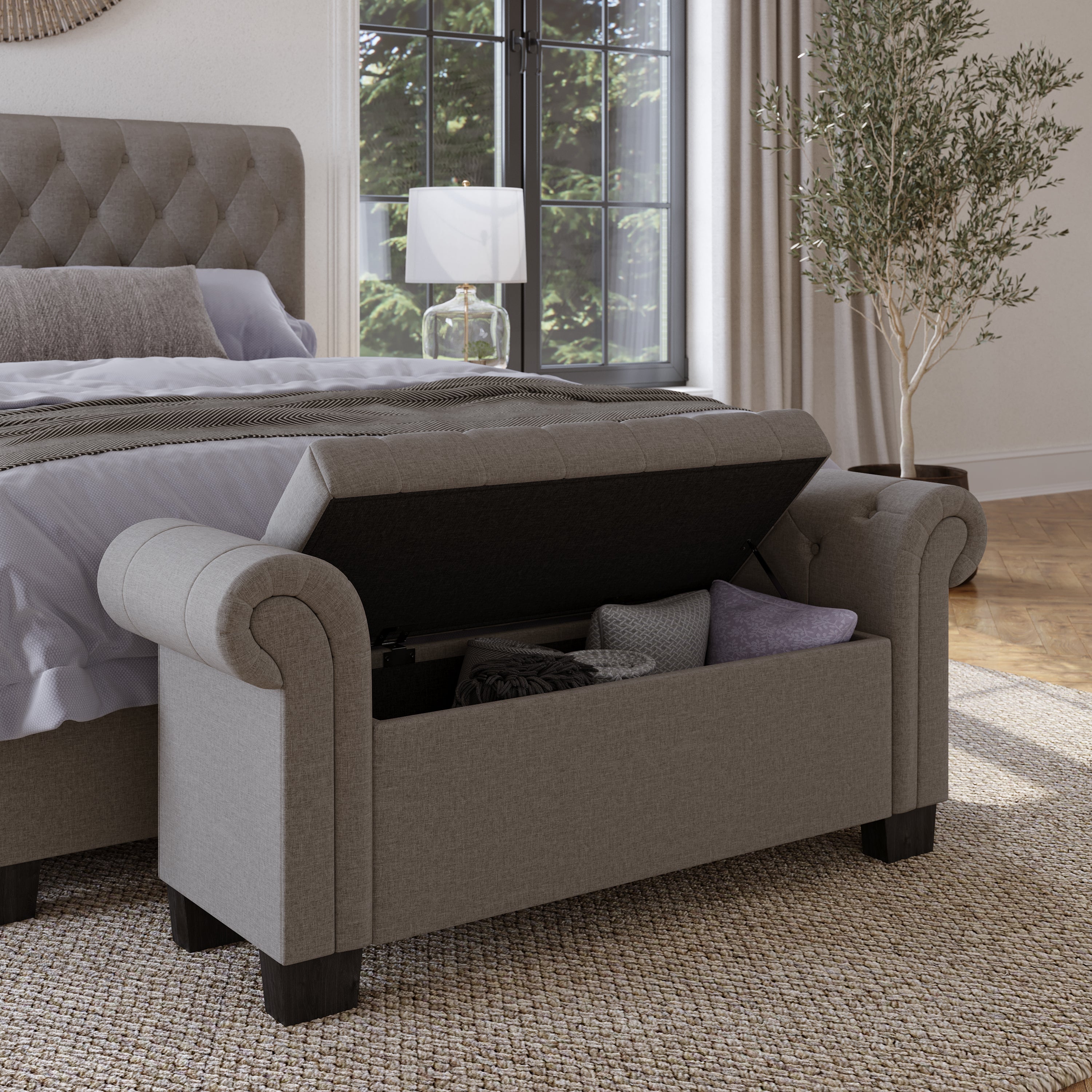 Royal Rolled Arm Storage Bench in Dolphin Linen - What A Room