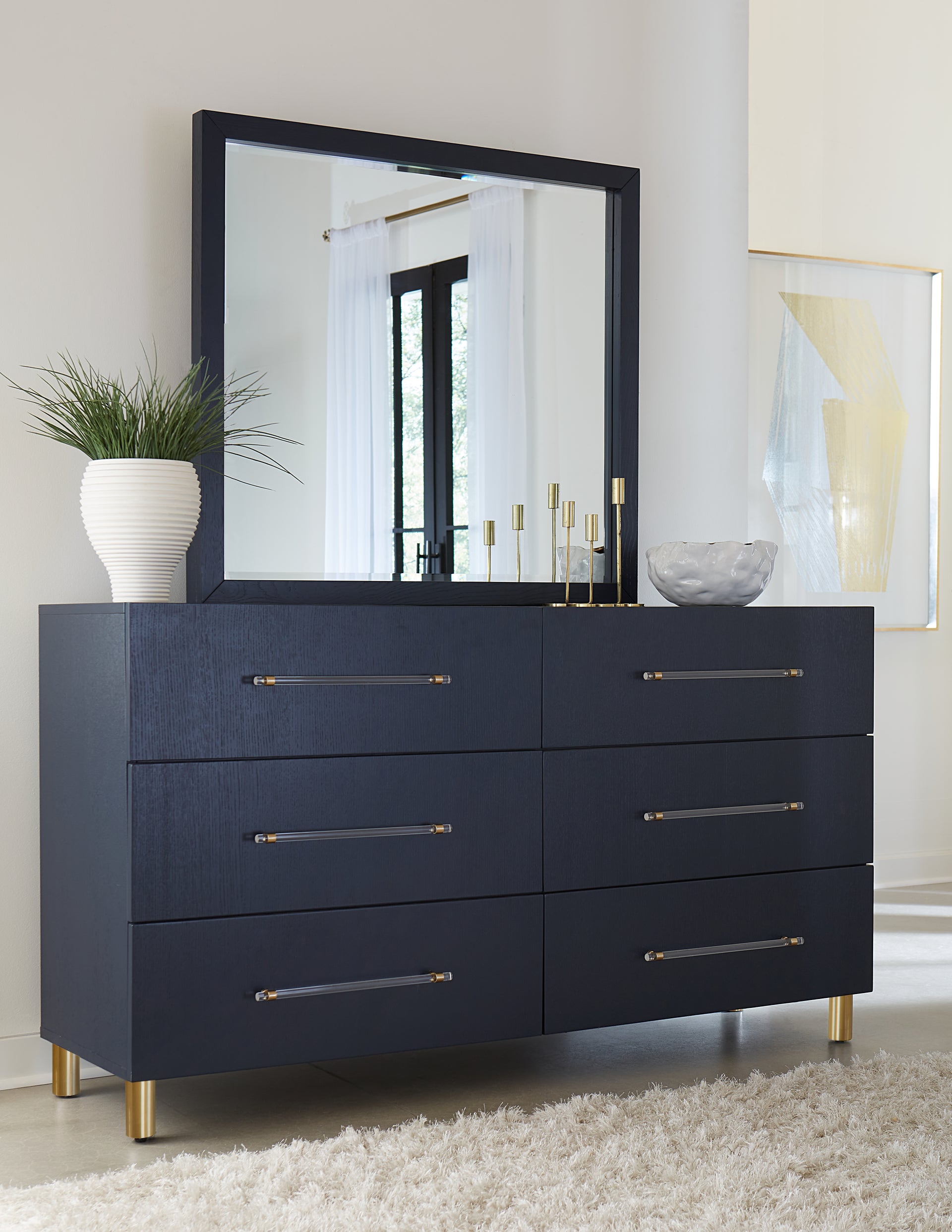 Argento Six Drawer Dresser in Navy Blue and Burnished Brass - What A Room