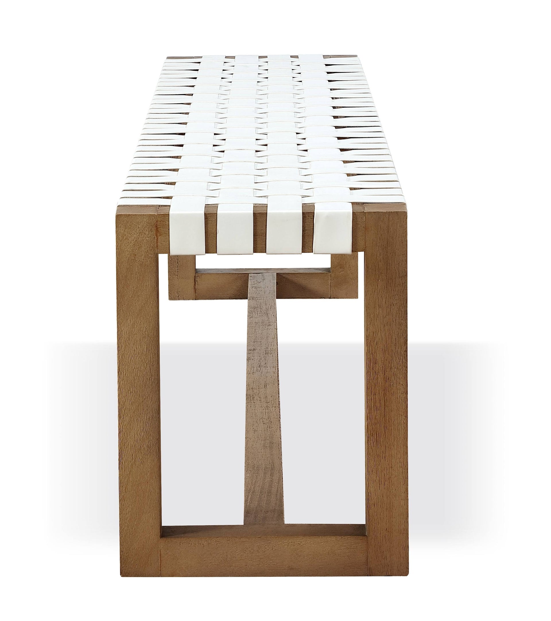 One Woven Leather and Solid Wood Dining Bench in White and Bisque - What A Room