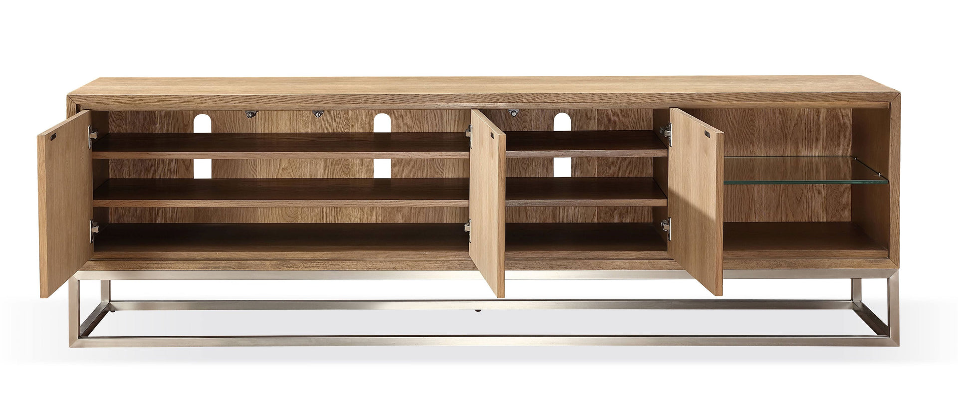 One Coastal Modern 84 inch TV Console in Brushed Stainless Steel and Bisque - What A Room