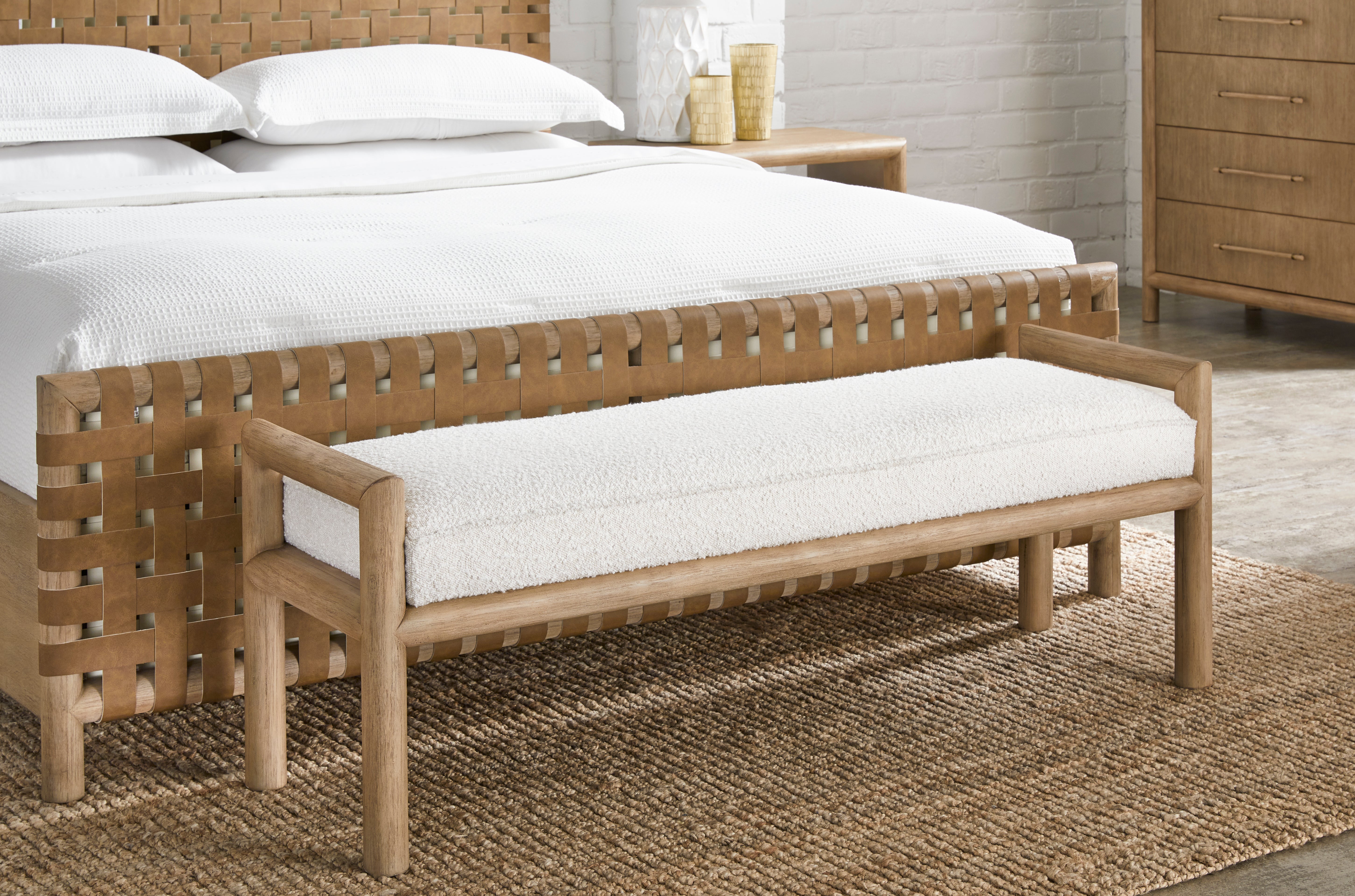 Dorsey Boucle Upholstered Wooden Bench in Granola and Ricotta - What A Room