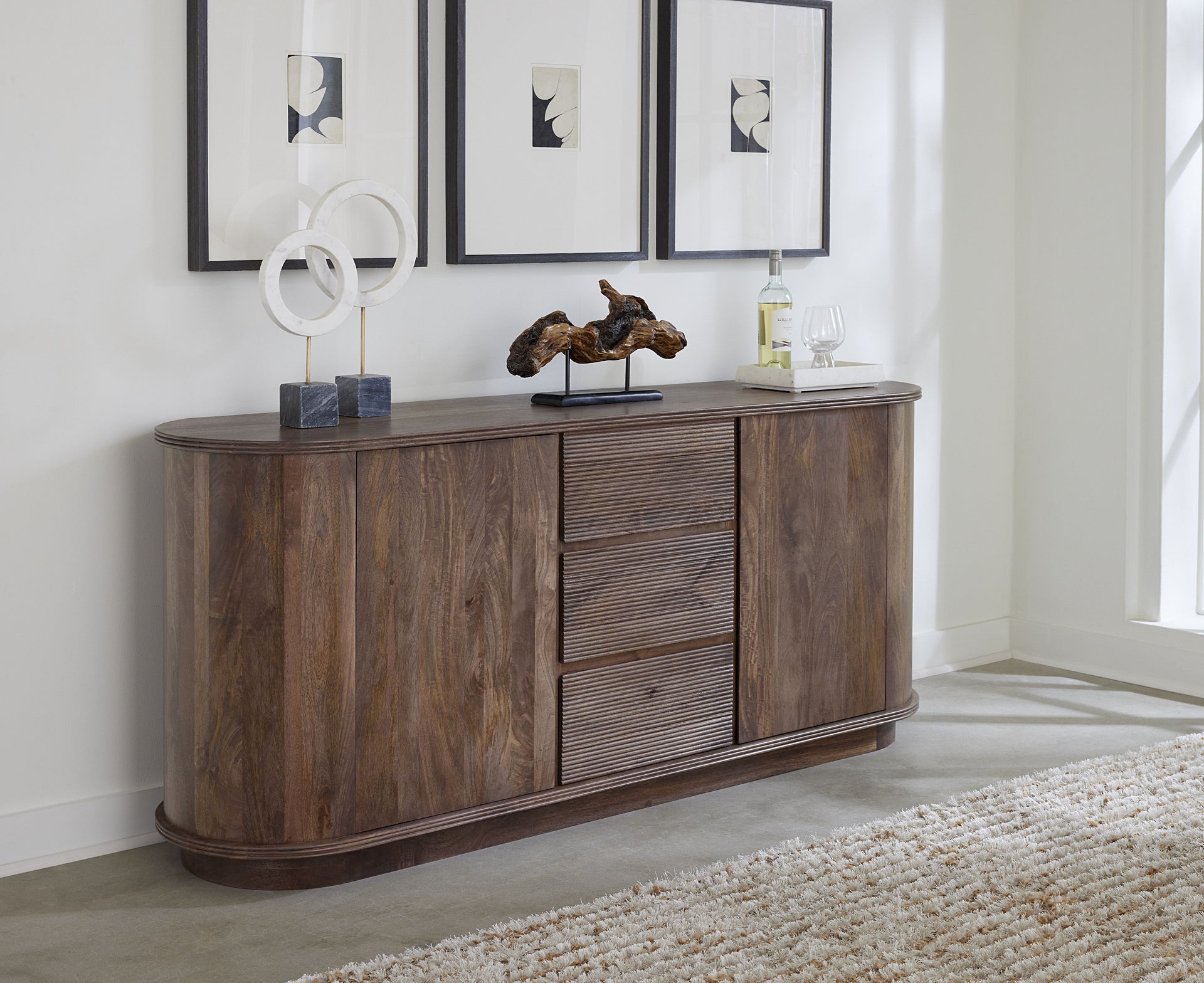 Liyana Solid Wood Three Drawer Two Door Sideboard in Natural Tan - What A Room