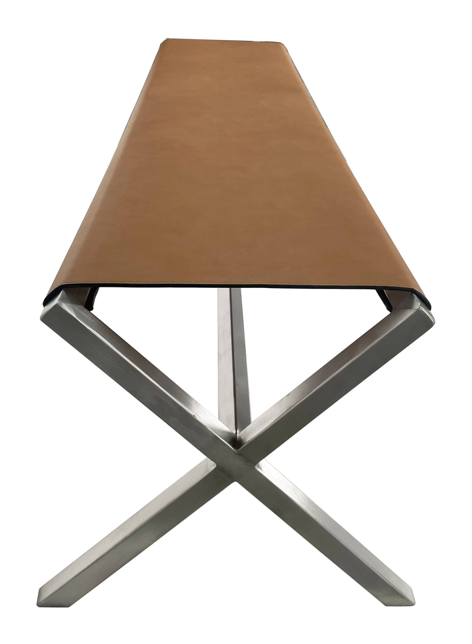 One Modern Coastal Director's Style Leather Dining Bench in Cognac and Brushed Stainless Steel - What A Room