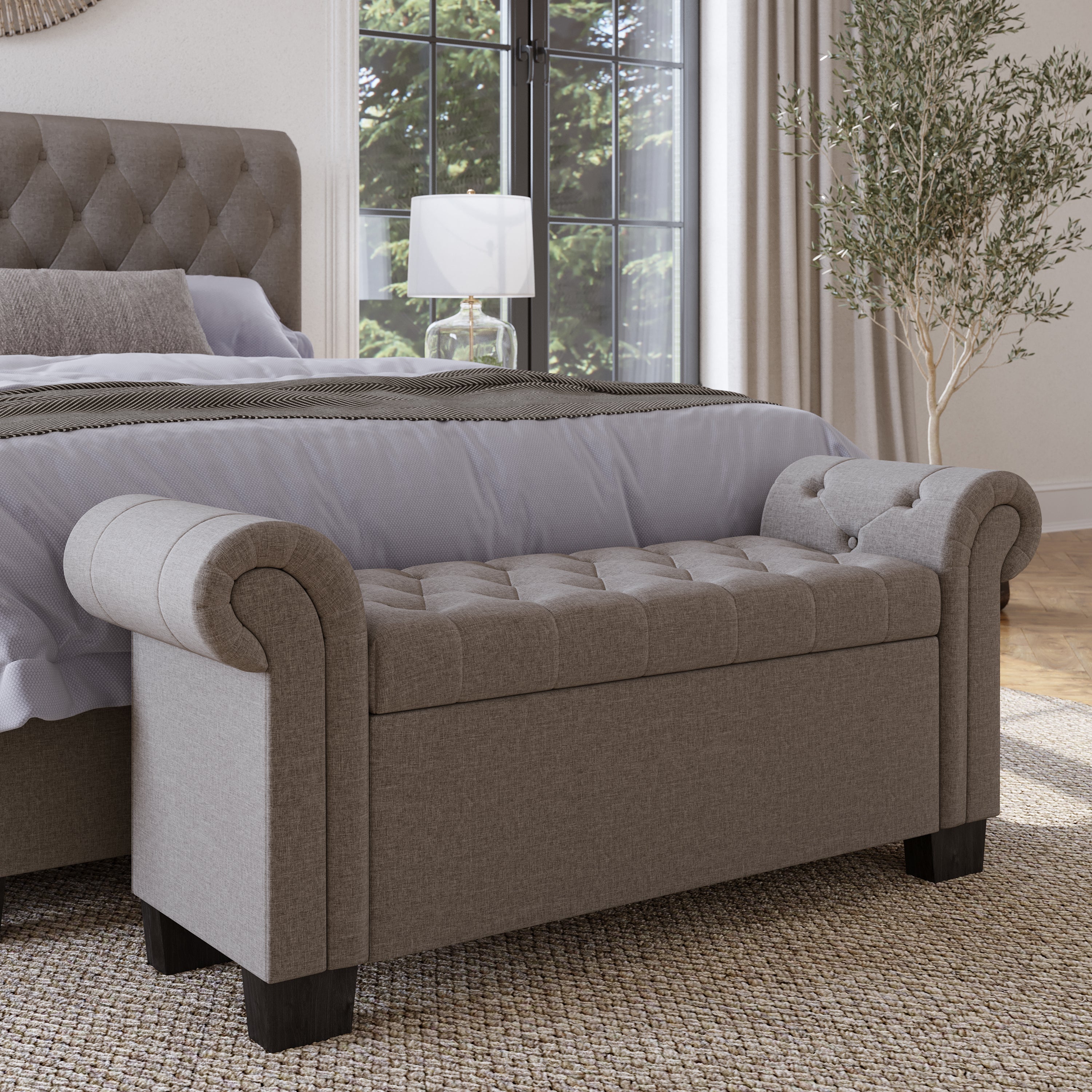 Royal Rolled Arm Storage Bench in Dolphin Linen - What A Room
