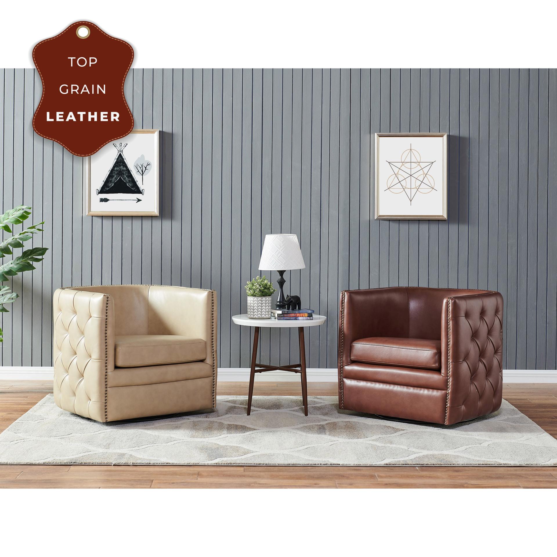 Leslie Top Grain Leather Swivel Tufted Accent Arm Chair - What A Room