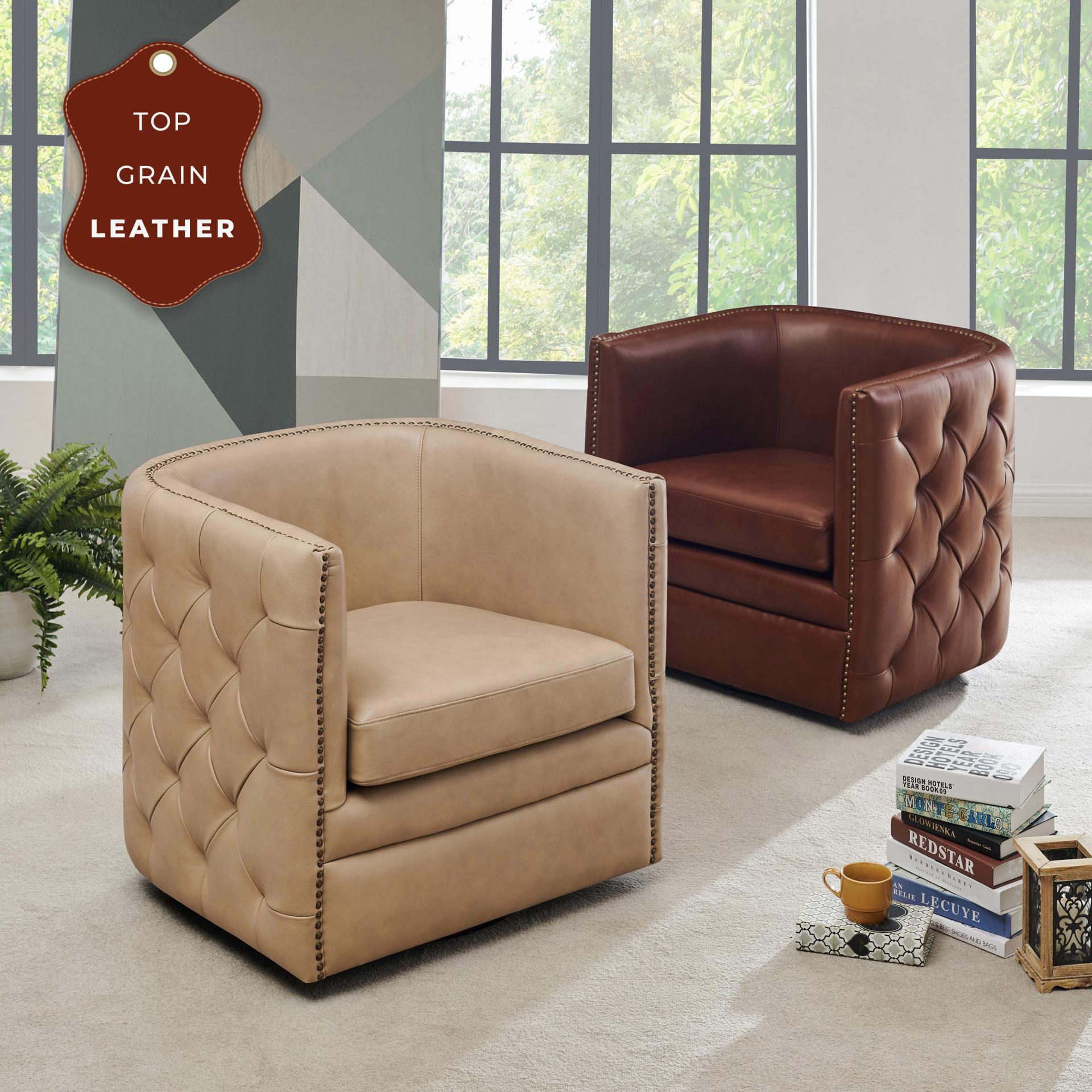 Leslie Top Grain Leather Swivel Tufted Accent Arm Chair - What A Room
