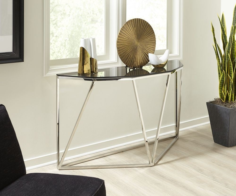 Aria Smoked Glass and Polished Stainless Steel Console Table - What A Room