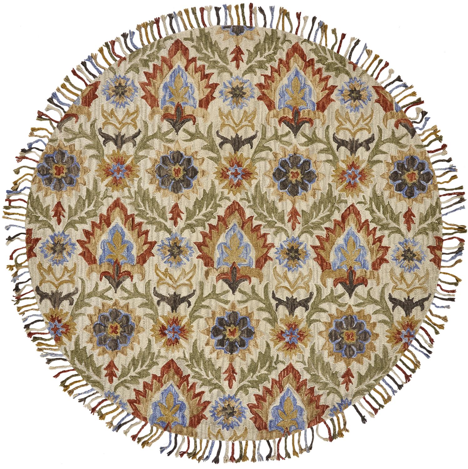 Abelia Gorgeous muted but colorful circular fringe-edge rug - buy locally near Palo Alto, Hayward, Morgan Hill, Rivermark and Greater San Jose