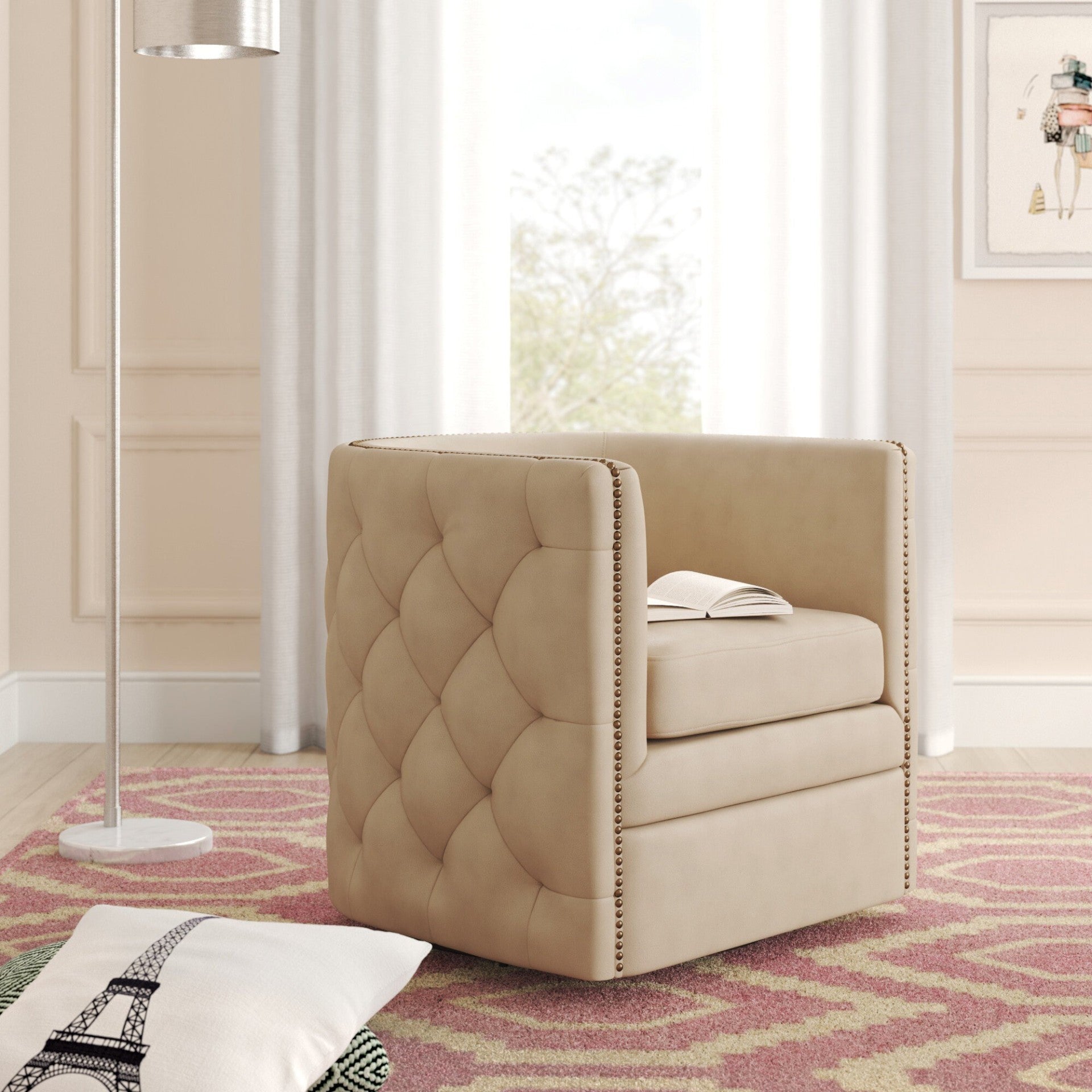 Leslie Top Grain Leather Swivel Tufted Accent Arm Chair - What A Room