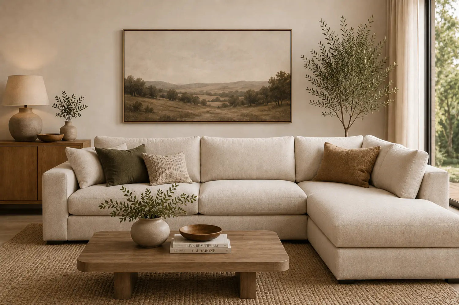 Cream sofa chaise in an organic modern living room