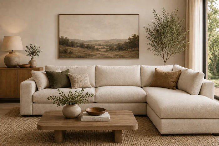 Cream sofa chaise in an organic modern living room