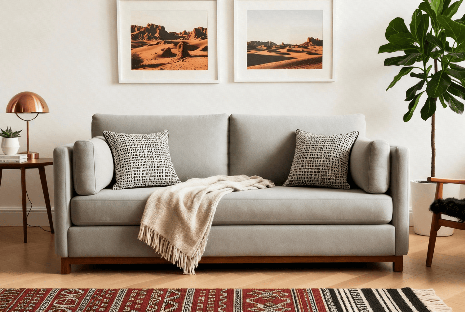 Grey sofa in a modern boho living space