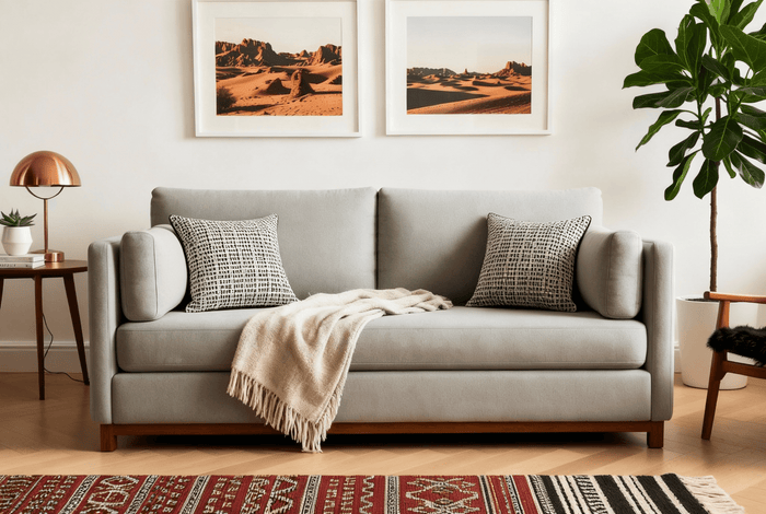 Grey sofa in a modern boho living space