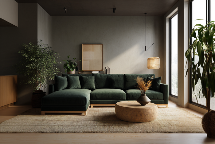 Green sofa in earth-tone living room, 2025 color trend